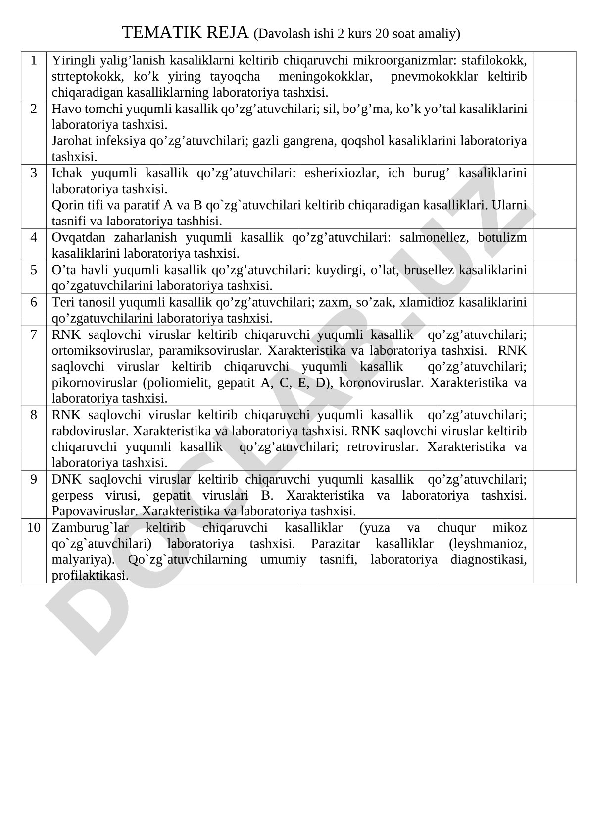 Davolash ishi 2 kurs 20 soat amaliy tematik reja
