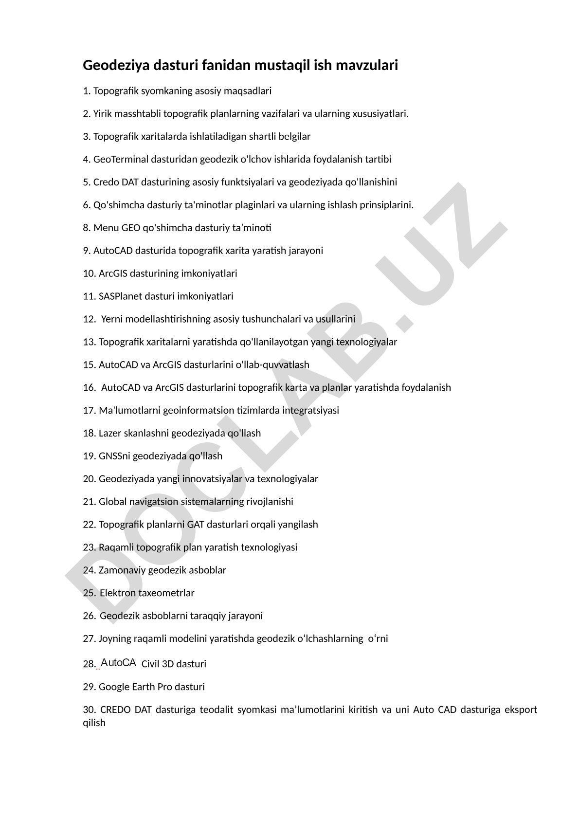 Geodeziya dasturi fanidan mustaqil ish mavzulari