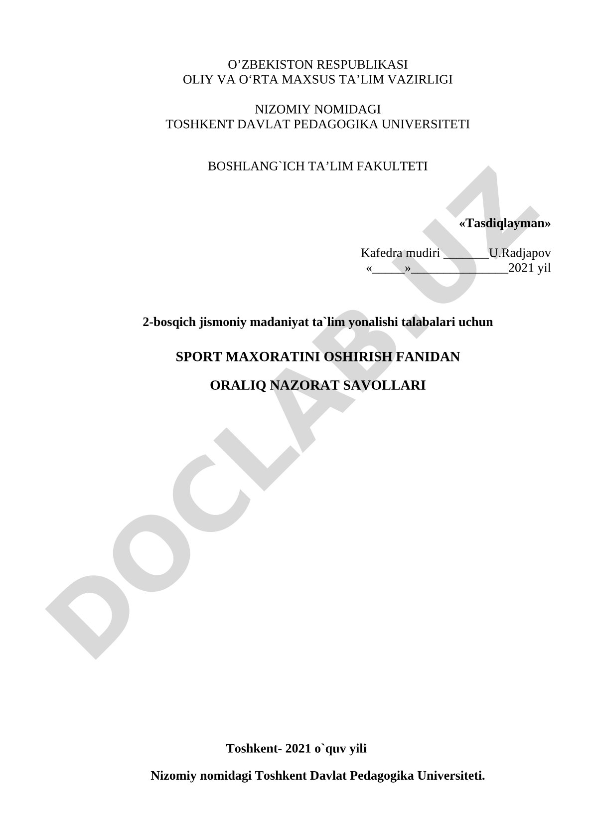 Sport maxoratini oshirish fanidan oraliq nazorat savollari