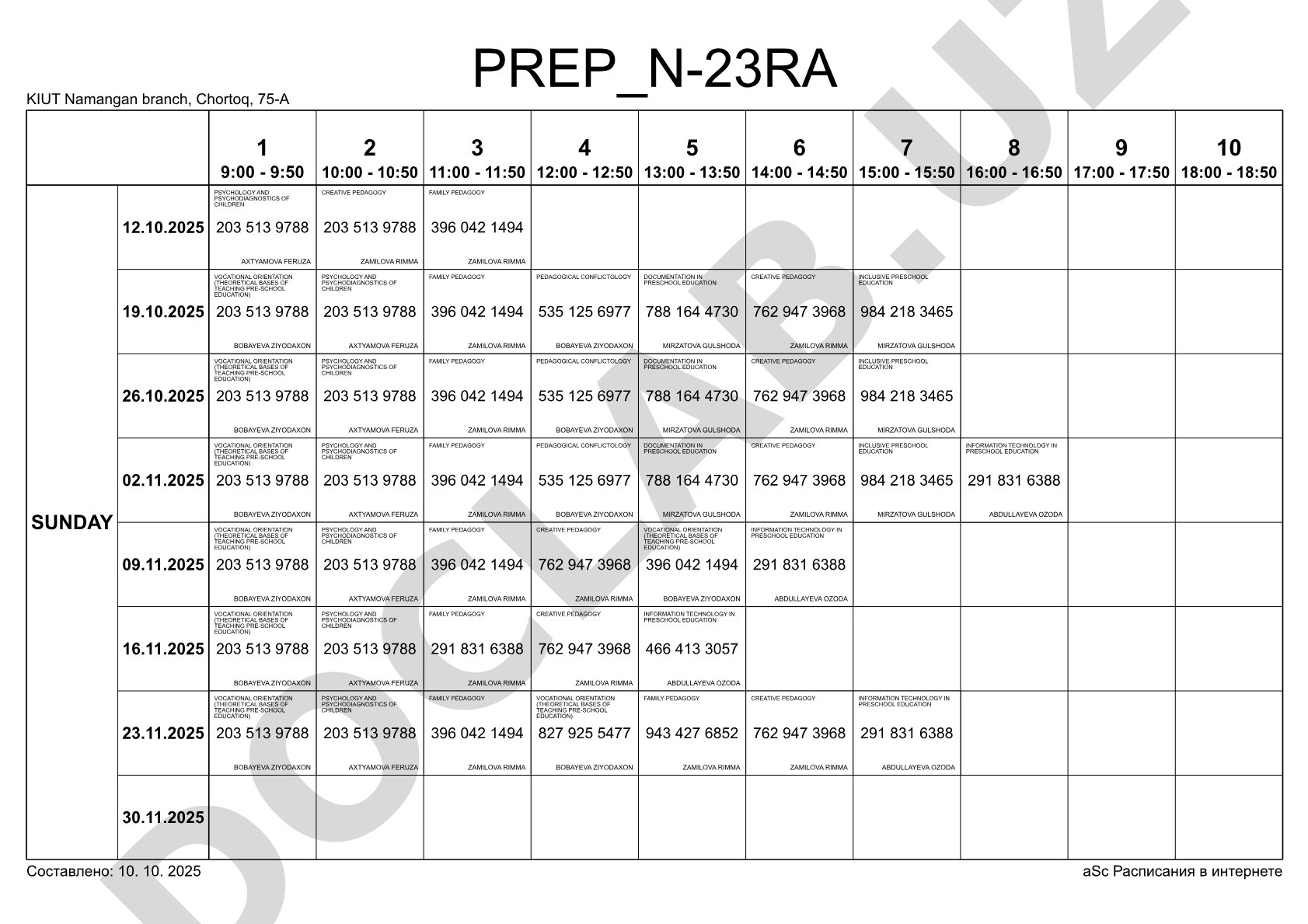 Prep N-23RA Sunday Class Schedule