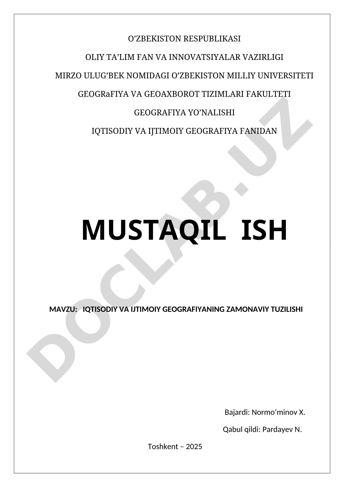 Iqtisodiy va ijtimoiy geografiyaning zamonaviy tuzilishi