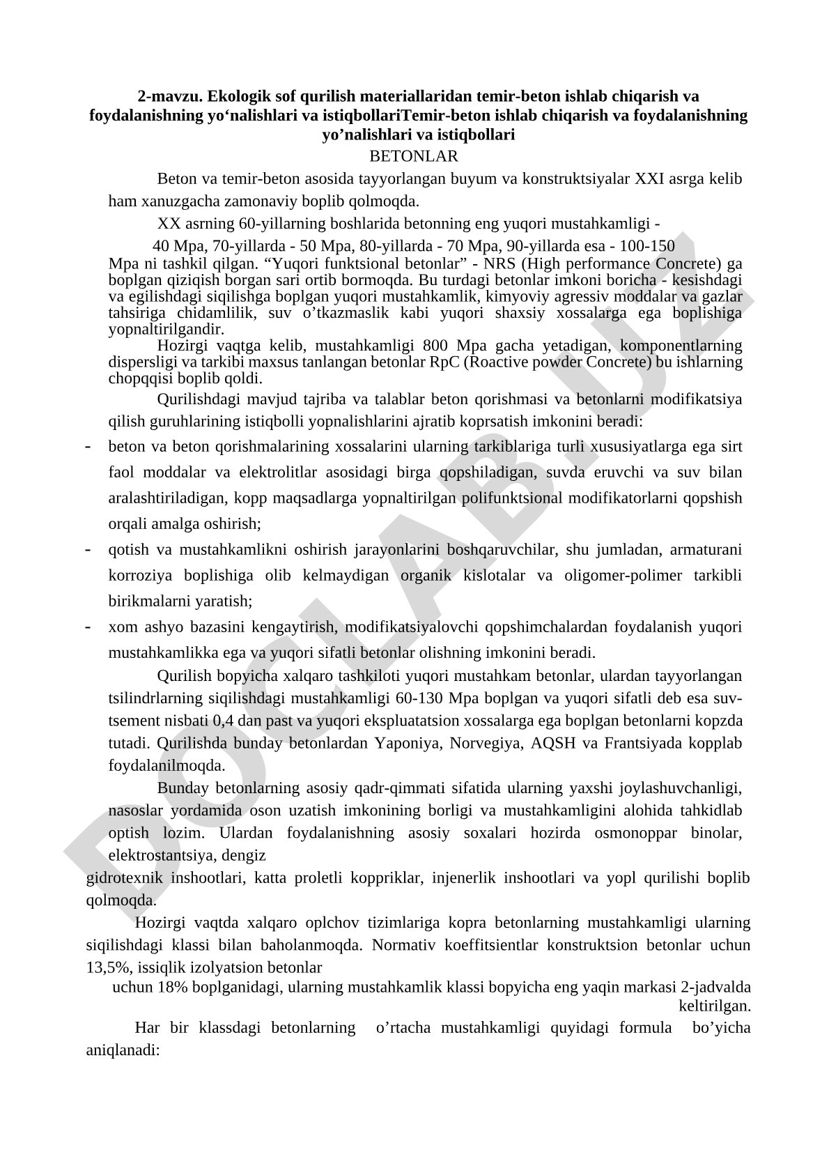 Ekologik sof qurilish materiallaridan temir-beton ishlab chiqarish va foydalanishning yo‘nalishlari va istiqbollari