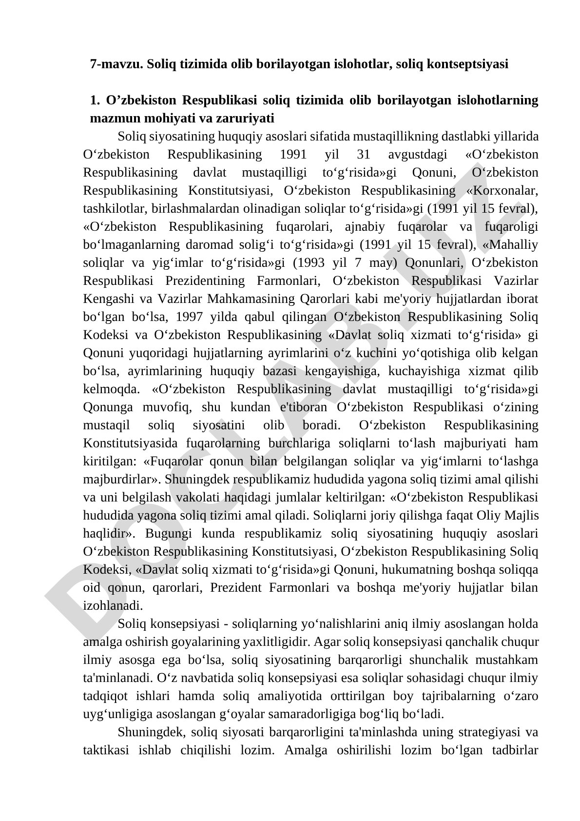 Soliq tizimida olib borilayotgan islohotlar, soliq kontseptsiyasi