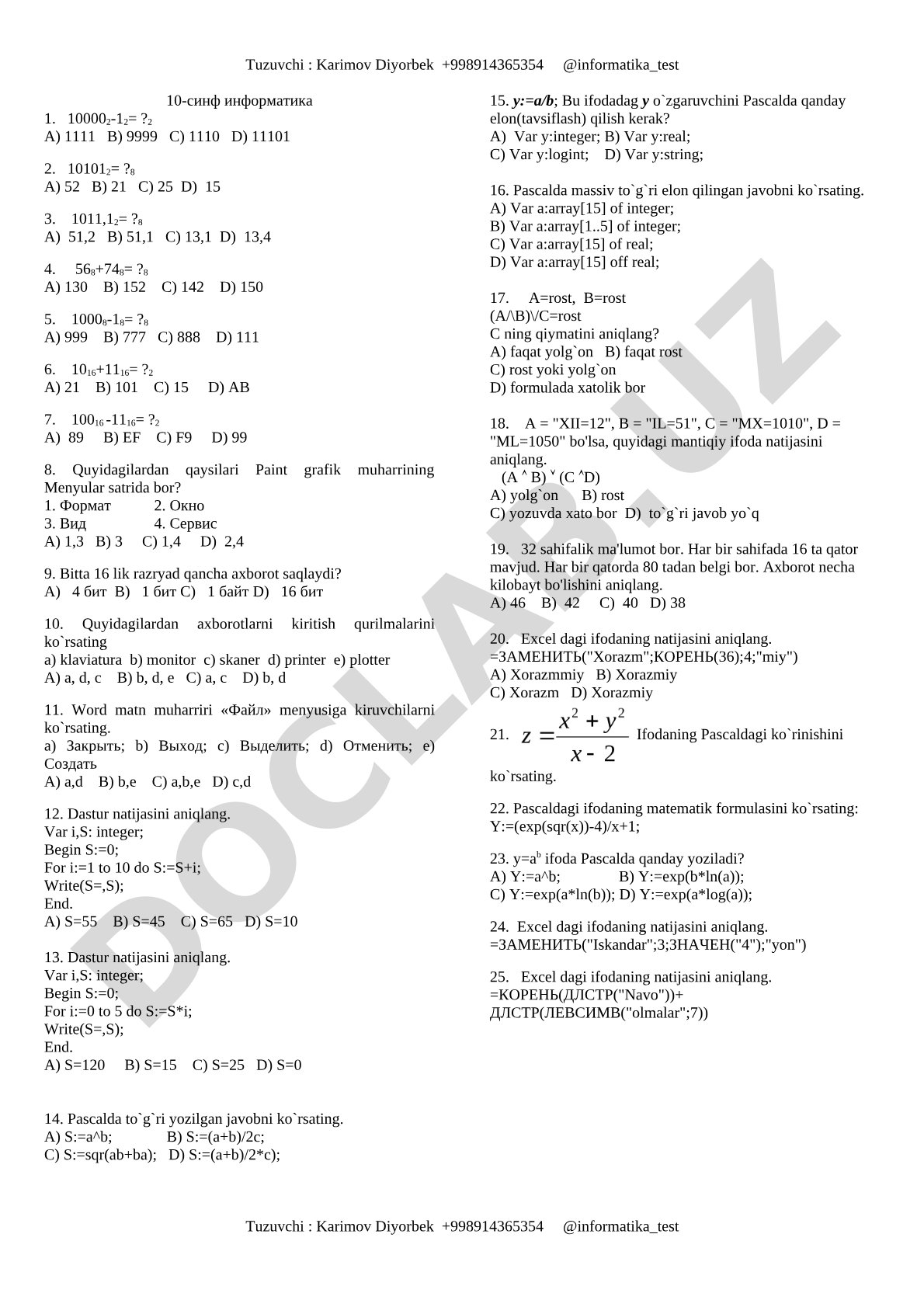 10-sinf informatika fanidan 13 ta test savollari (sanoq sistemalari, Paint, Word, Pascal)