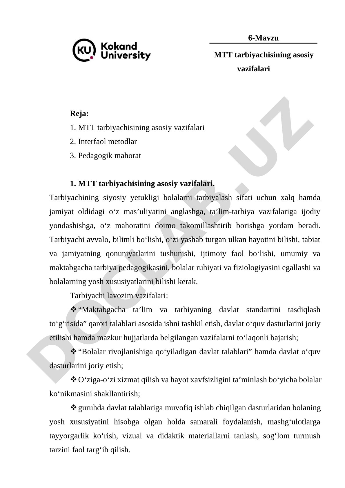 MTT tarbiyachisining asosiy vazifalari