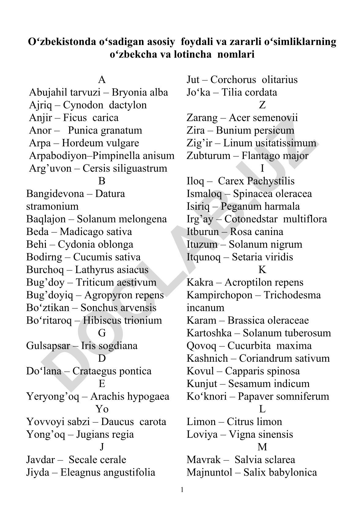 Oʻzbekistonda oʻsadigan foydali va zararli oʻsimliklar nomlari