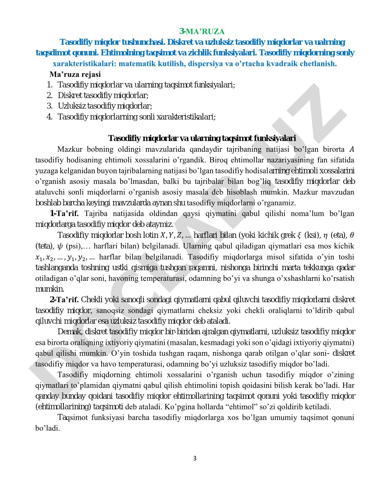 Tasodifiy miqdorlar, ularning taqsimot qonuni va sonli xarakteristikalari