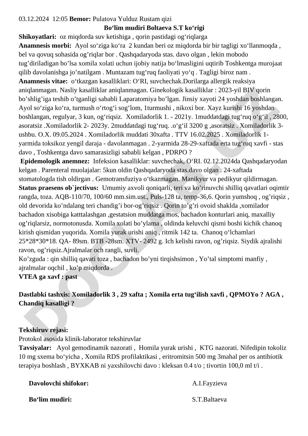 Homilador ayolning klinik tekshiruv bayoni