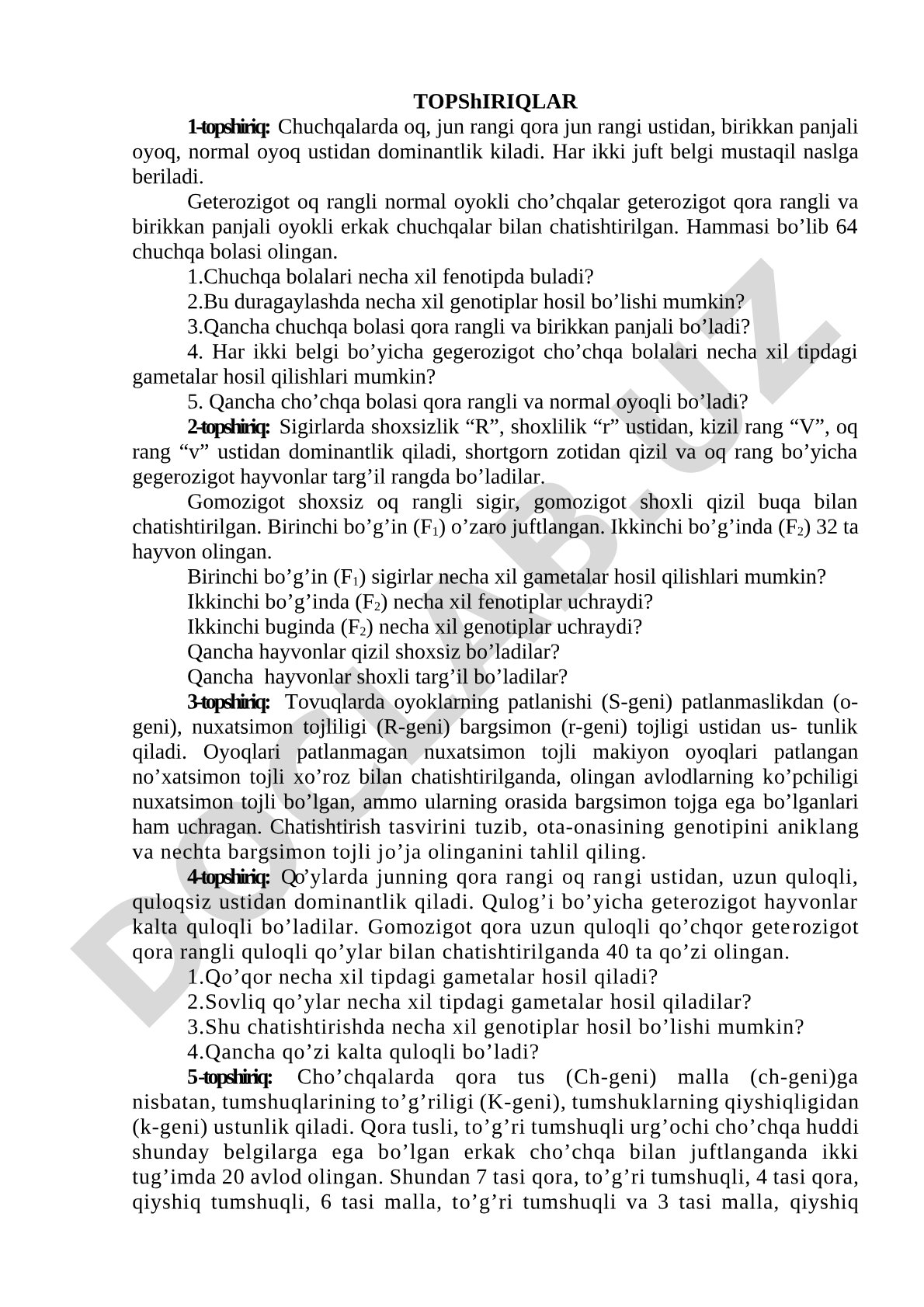 Chuchqalar va sigirlarda belgilarning irsiylanishi