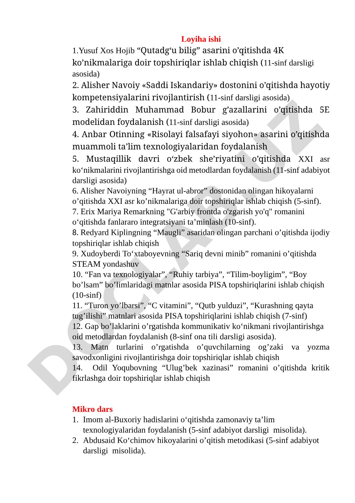 Adabiyot ta'limi bo'yicha loyiha ishlari mavzulari