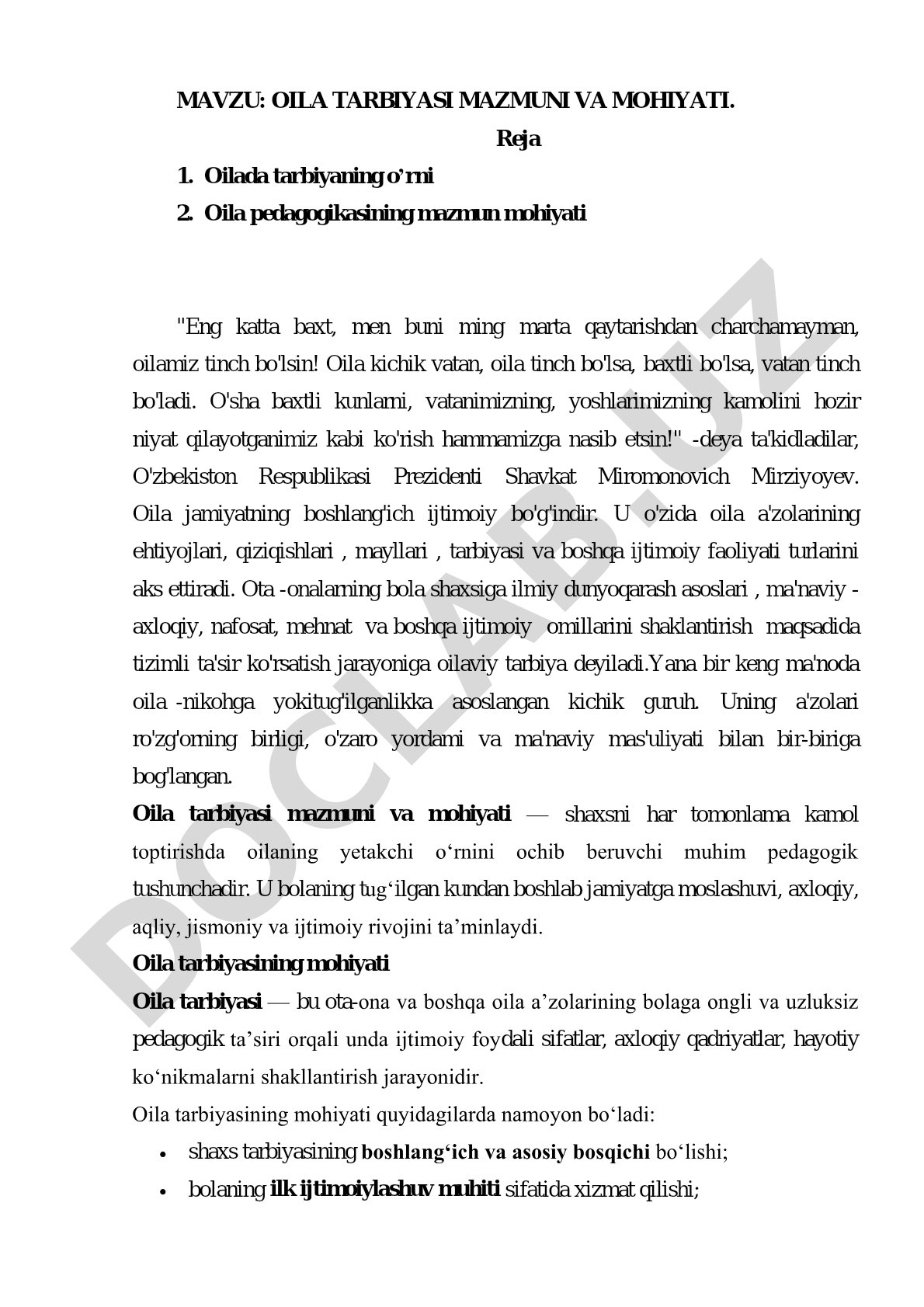 Oila tarbiyasi mazmuni va mohiyati