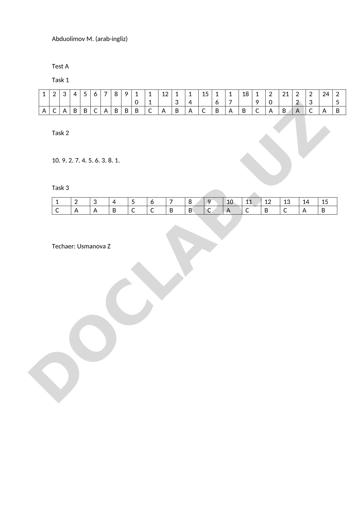 English Test A: Tasks 1-3 Answer Key