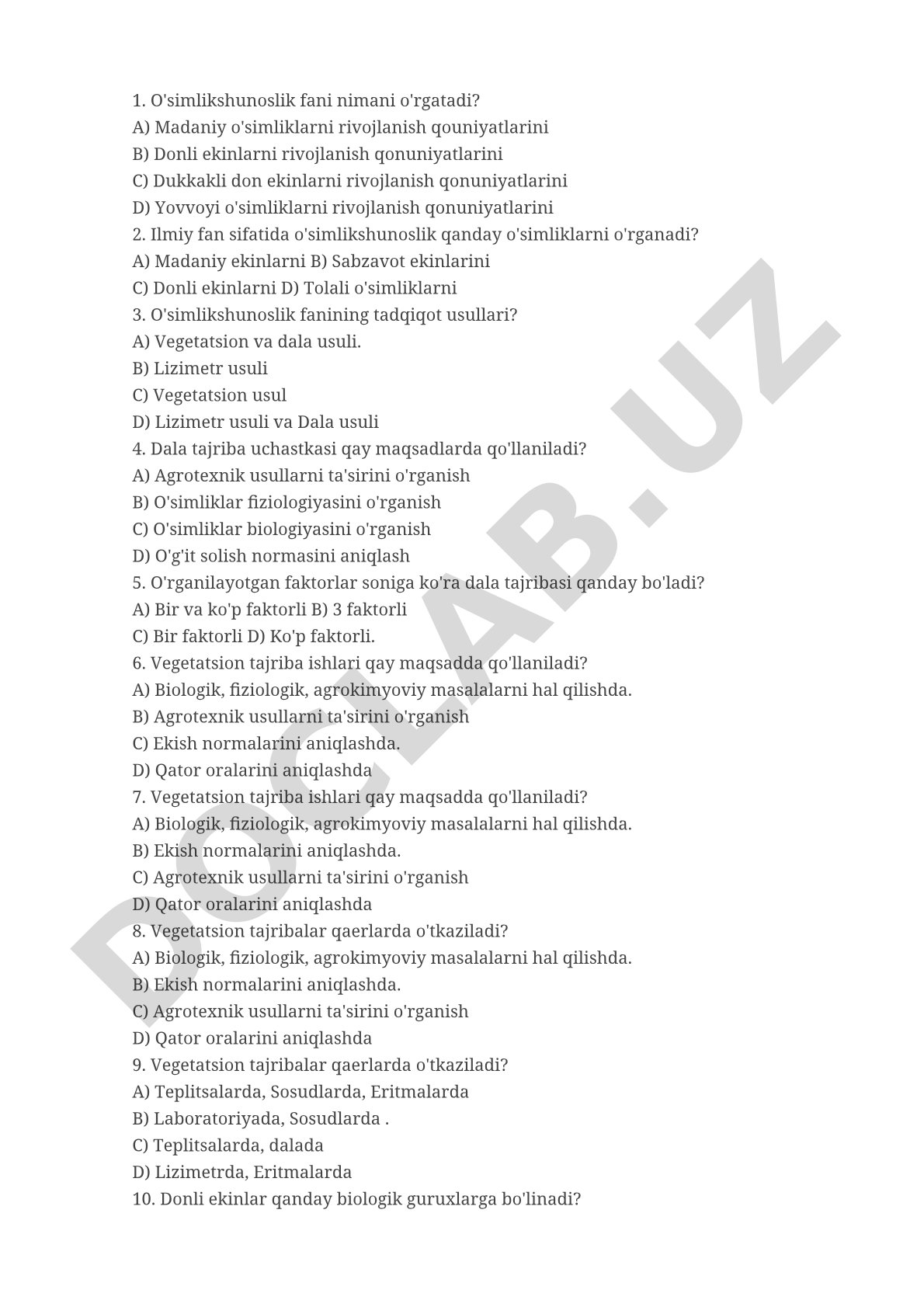 O'simlikshunoslik fanidan test savollari