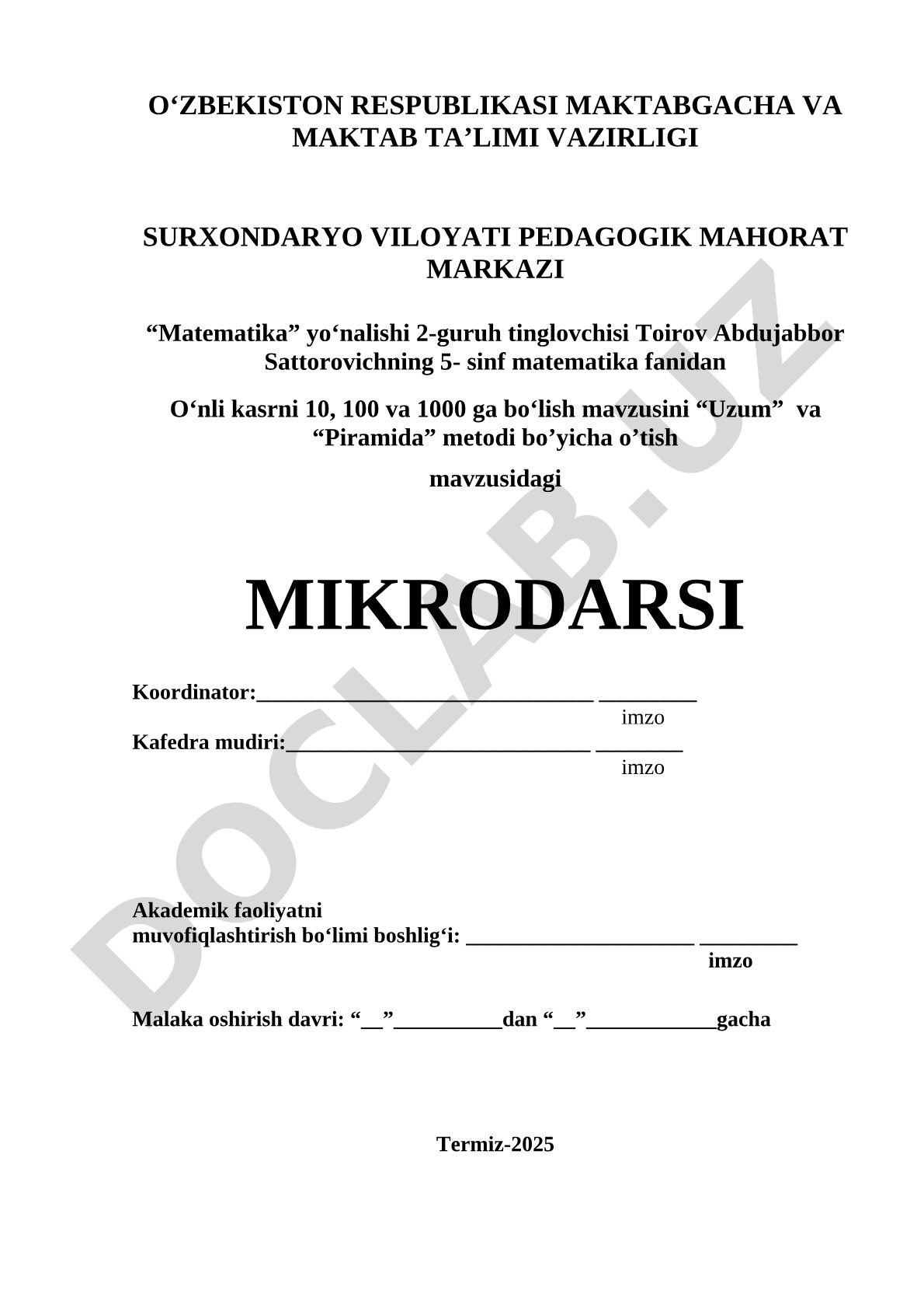 5-sinf matematika: O'nli kasrni 10, 100 va 1000 ga bo'lish