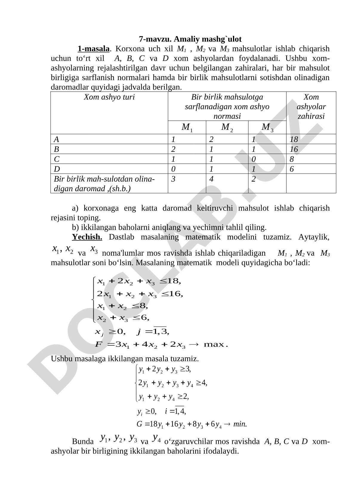 7-mavzu. Amaliy mashg`ulot 1-masala