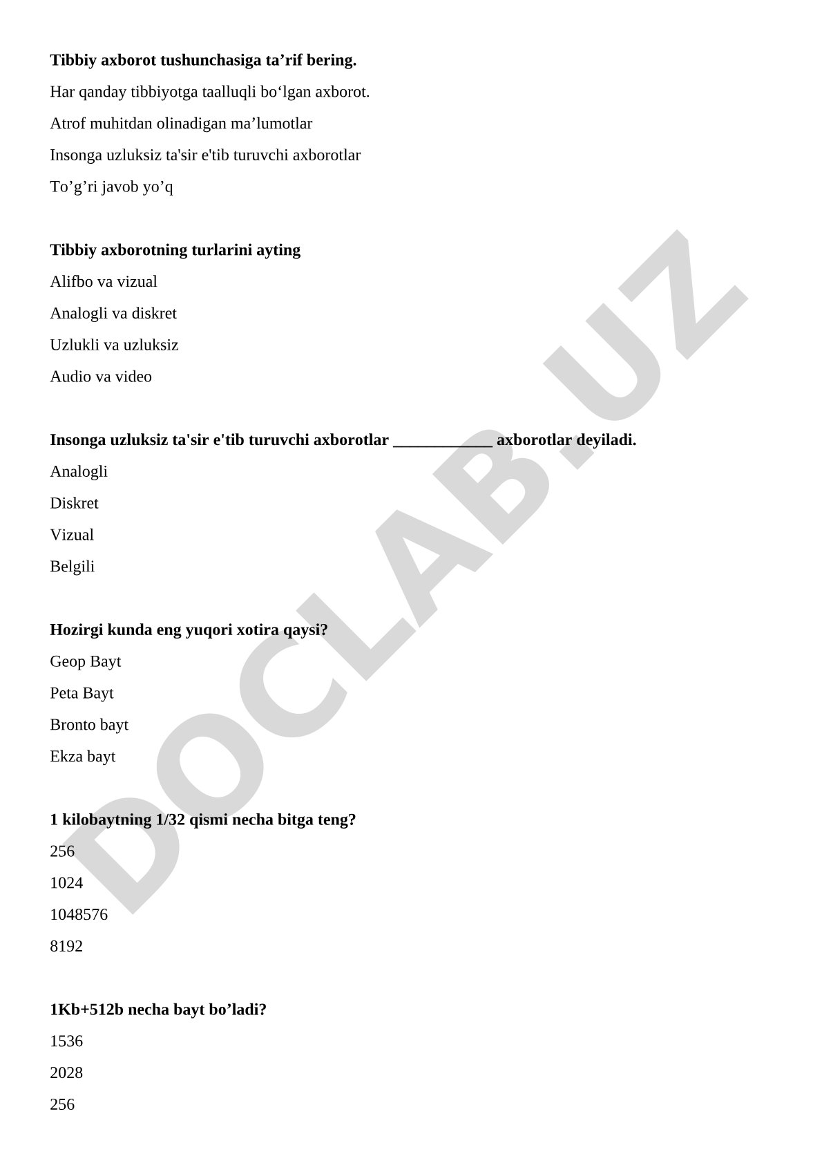 Tibbiy informatika fanidan test savollari