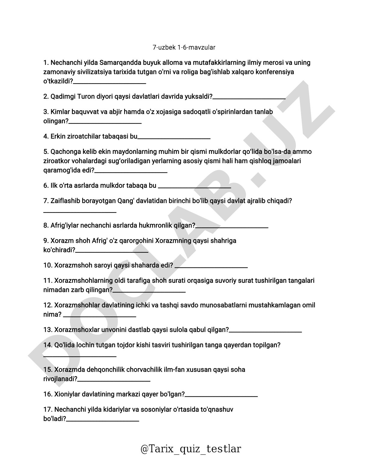 O'zbekiston tarixi 1-6-mavzular bo'yicha test savollari
