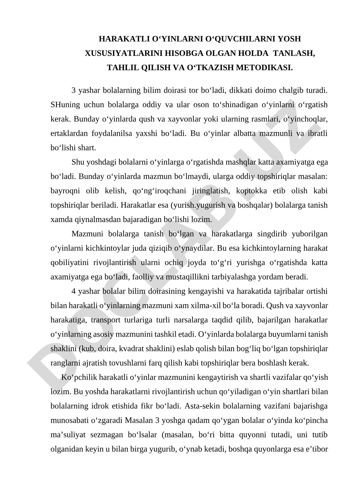 Harakatli o‘yinlarni o‘quvchilarni yosh xususiyatlarini hisobga olgan holda tanlash, tahlil qilish va o‘tkazish metodikasi.