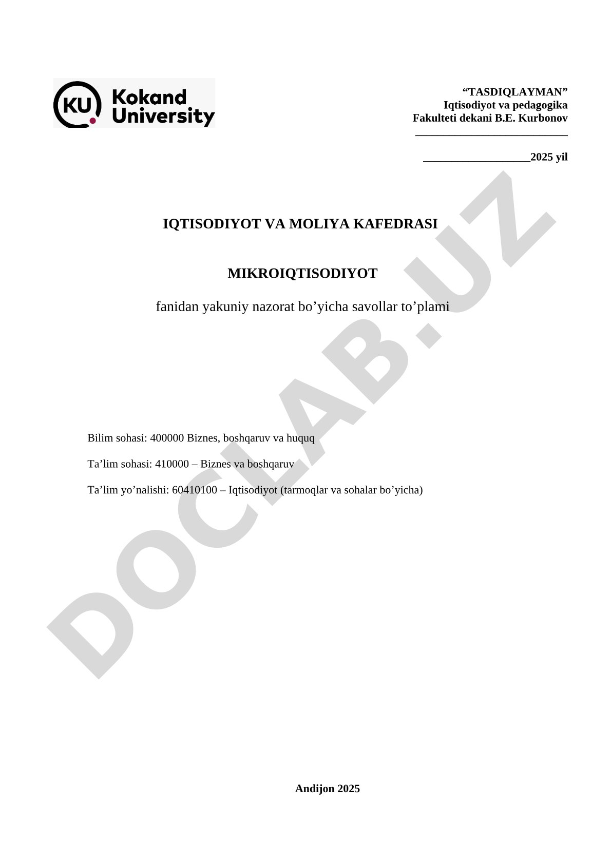 Iqtisodiyot va moliya kafedrasi mikroiqtisodiyot fanidan yakuniy nazorat bo’yicha savollar to’plami