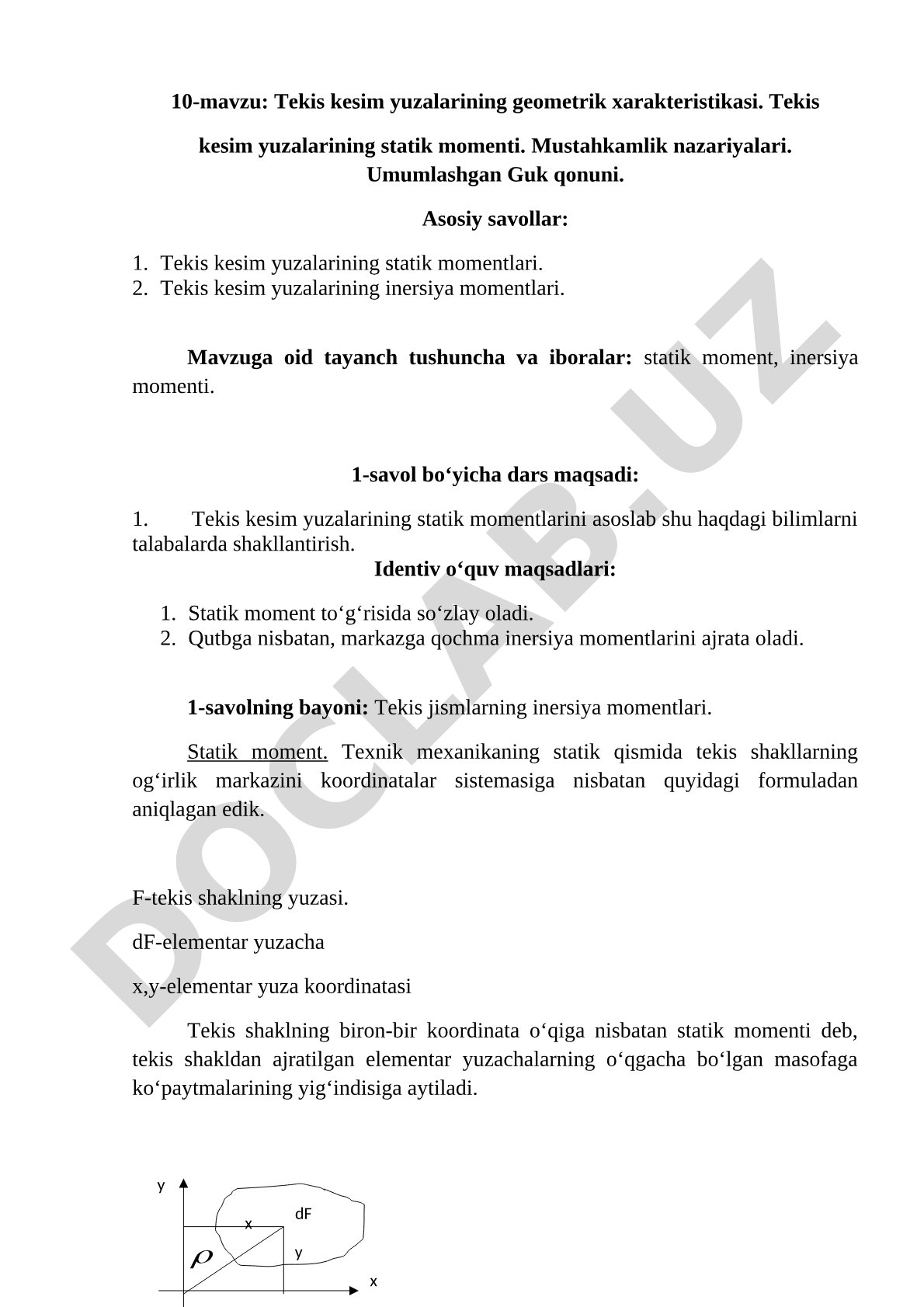 Tekis kesim yuzalarining geometrik xarakteristikasi