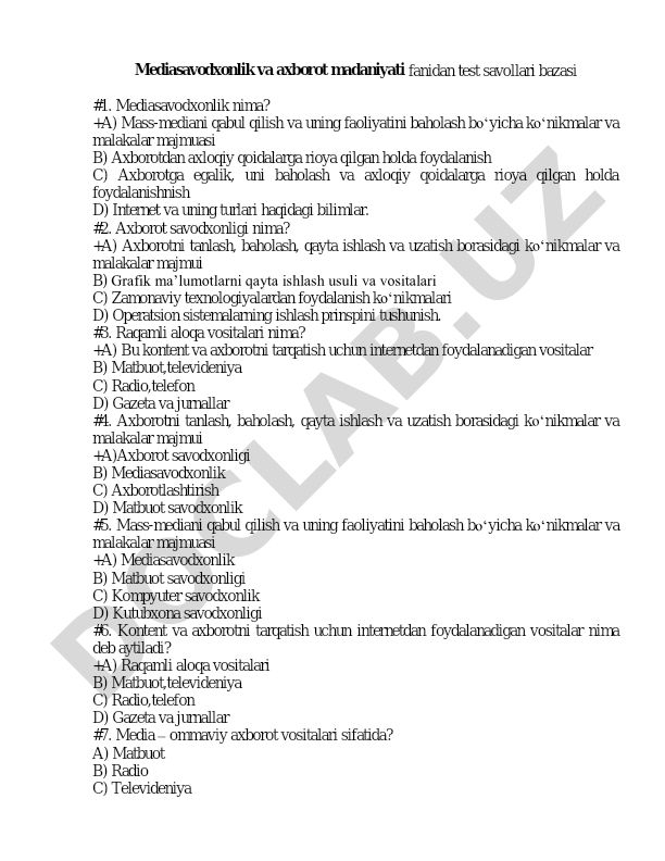 Mediasavodxonlik va axborot madaniyati fanidan test savollari