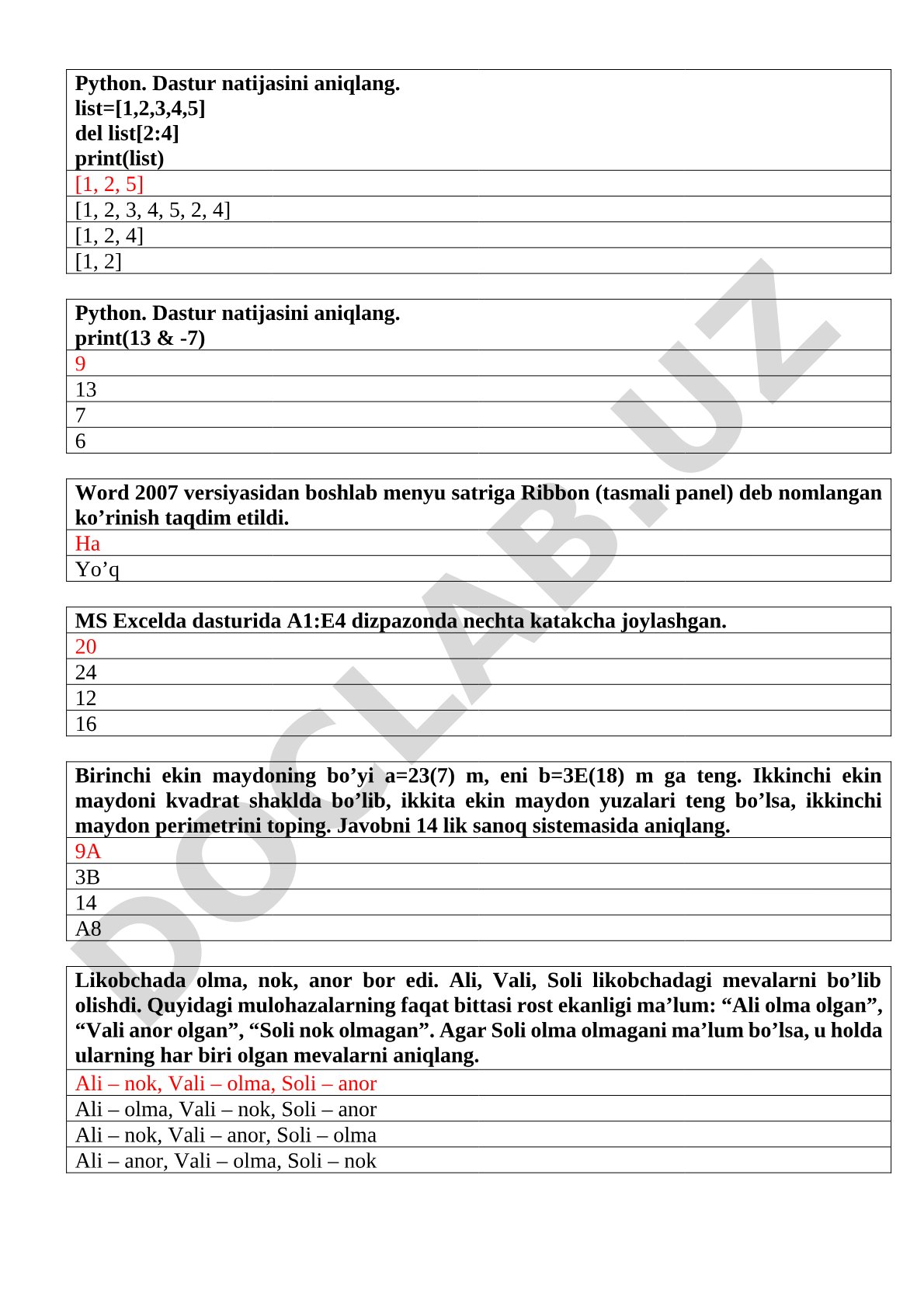 Informatika va matematikadan test savollari