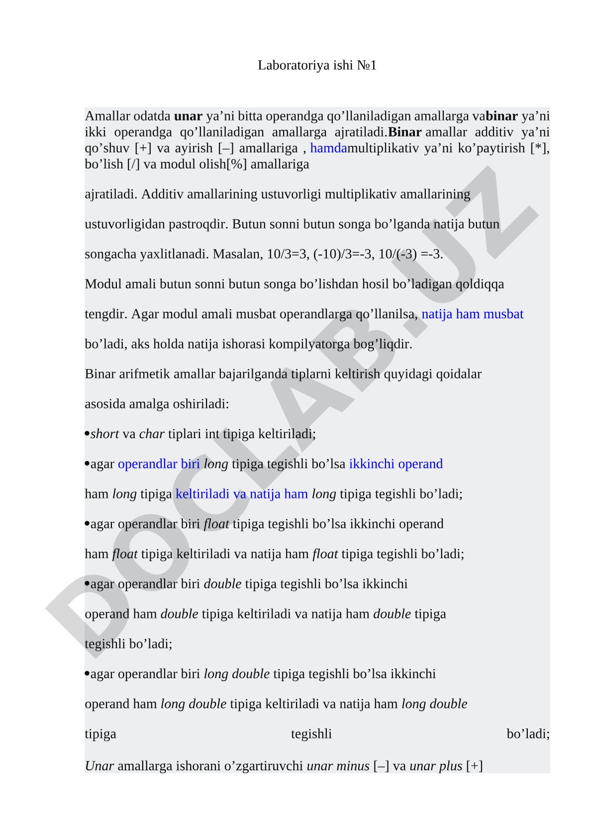 Binar amallar, butun sonlarni bo'lish, modul olish va tiplarni keltirish qoidalari bayon