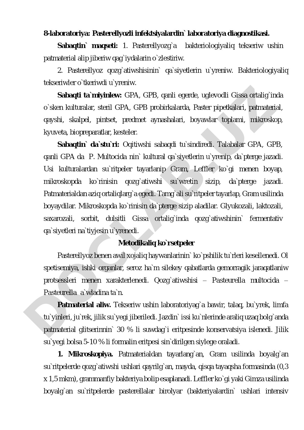 Pasterellyozli infektsiyalardin` laboratoriya diagnostikasi