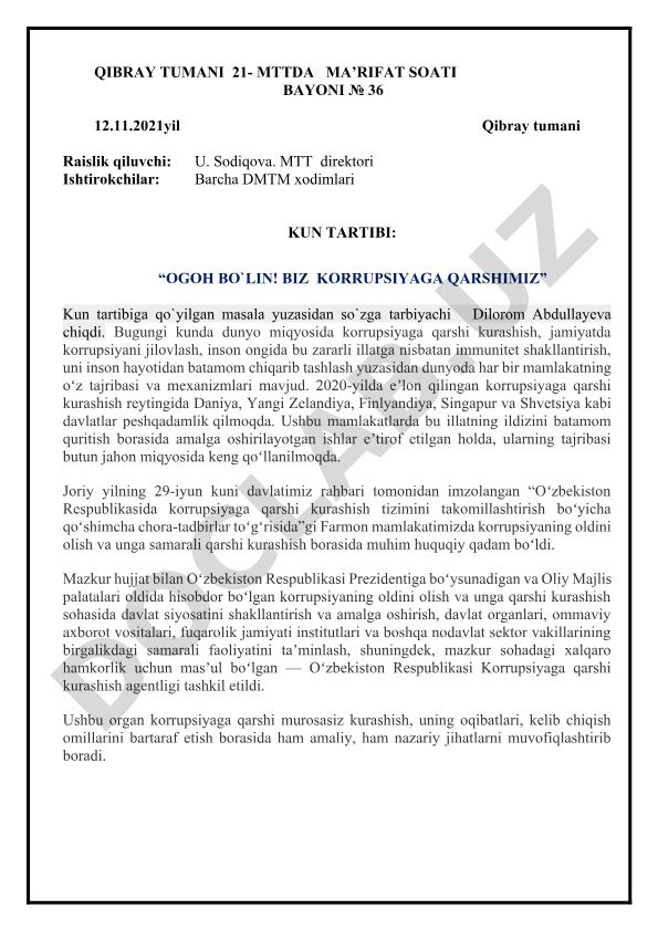 Korrupsiyaga qarshi kurashish va ogohlantirish tadbiri