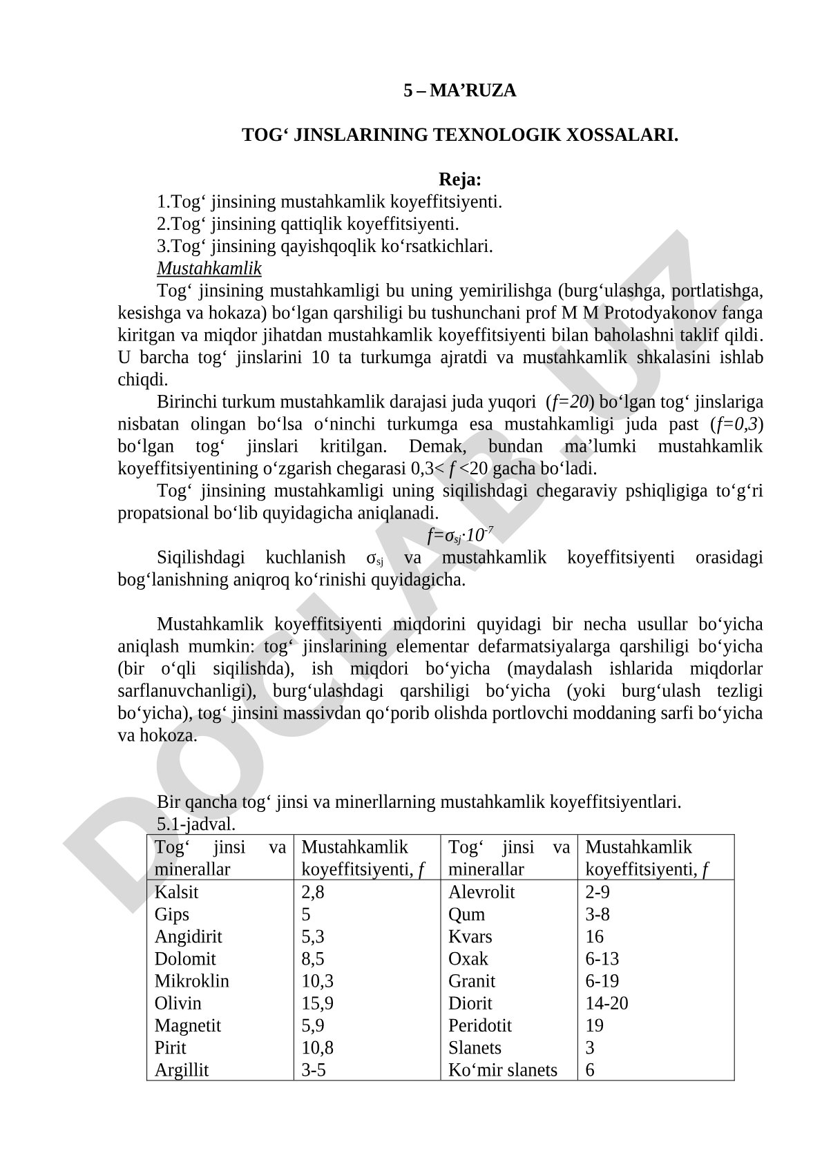 Tog‘ jinslarining texnologik xossalari