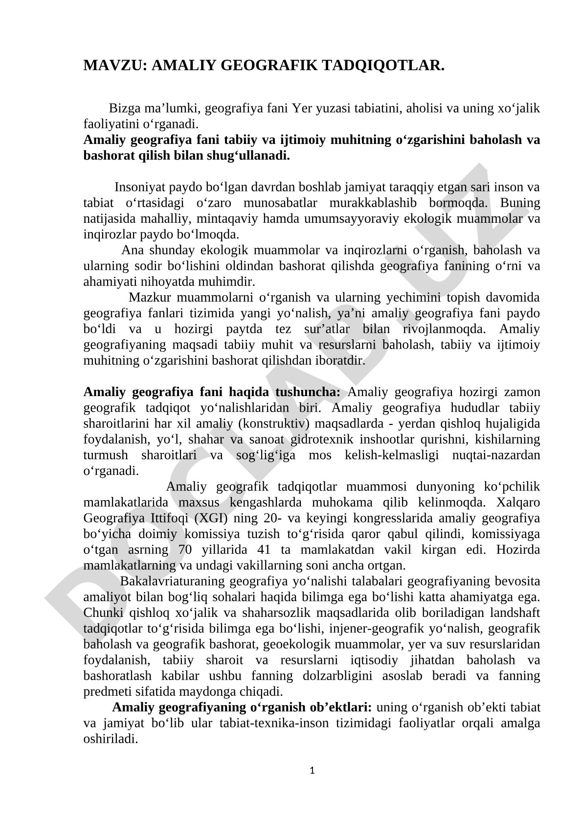 Amaliy geografiya fani tabiiy va ijtimoiy muhit o'zgarishini baholash va bashorat qilish