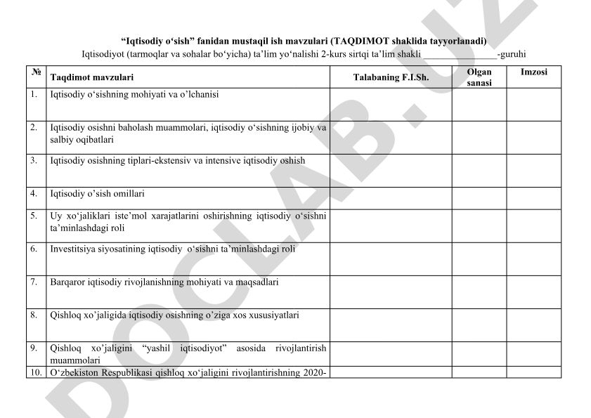 Iqtisodiy oʻsish fanidan mustaqil ish mavzulari