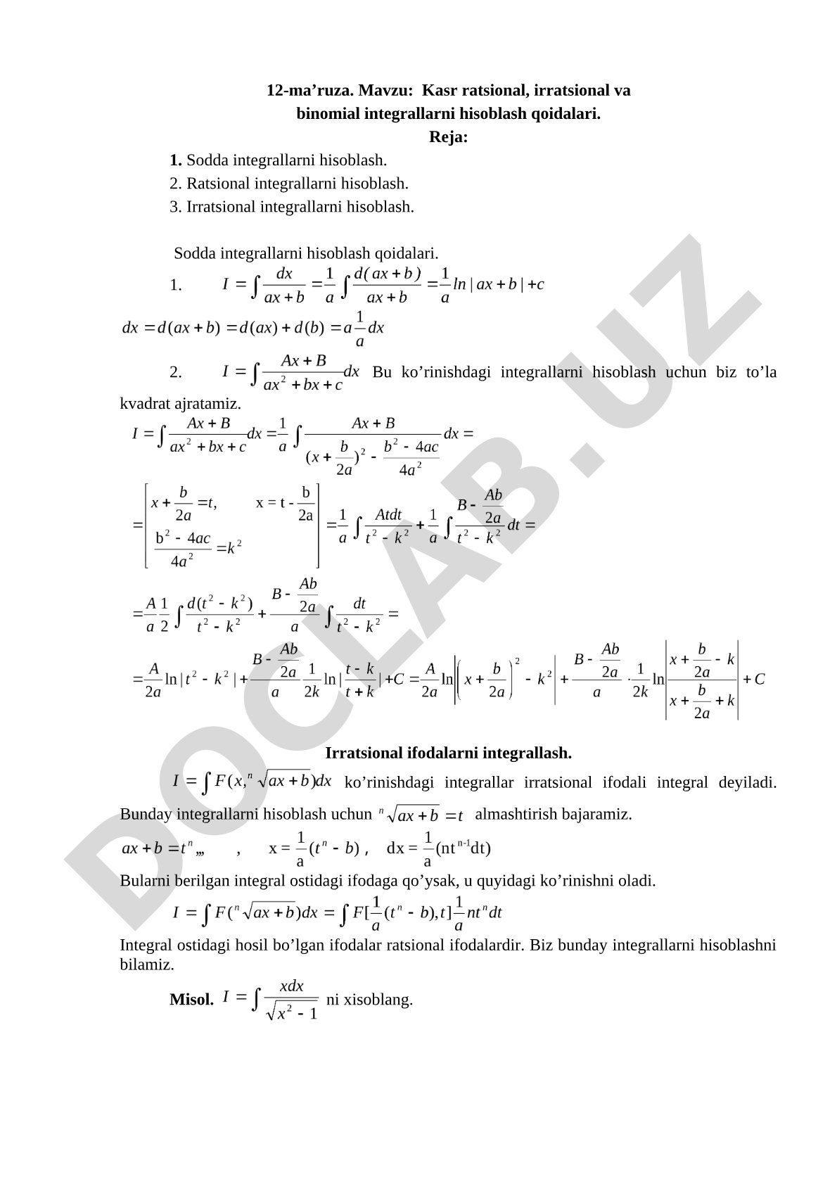 Kasr ratsional, irratsional va binomial integrallarni hisoblash qoidalari