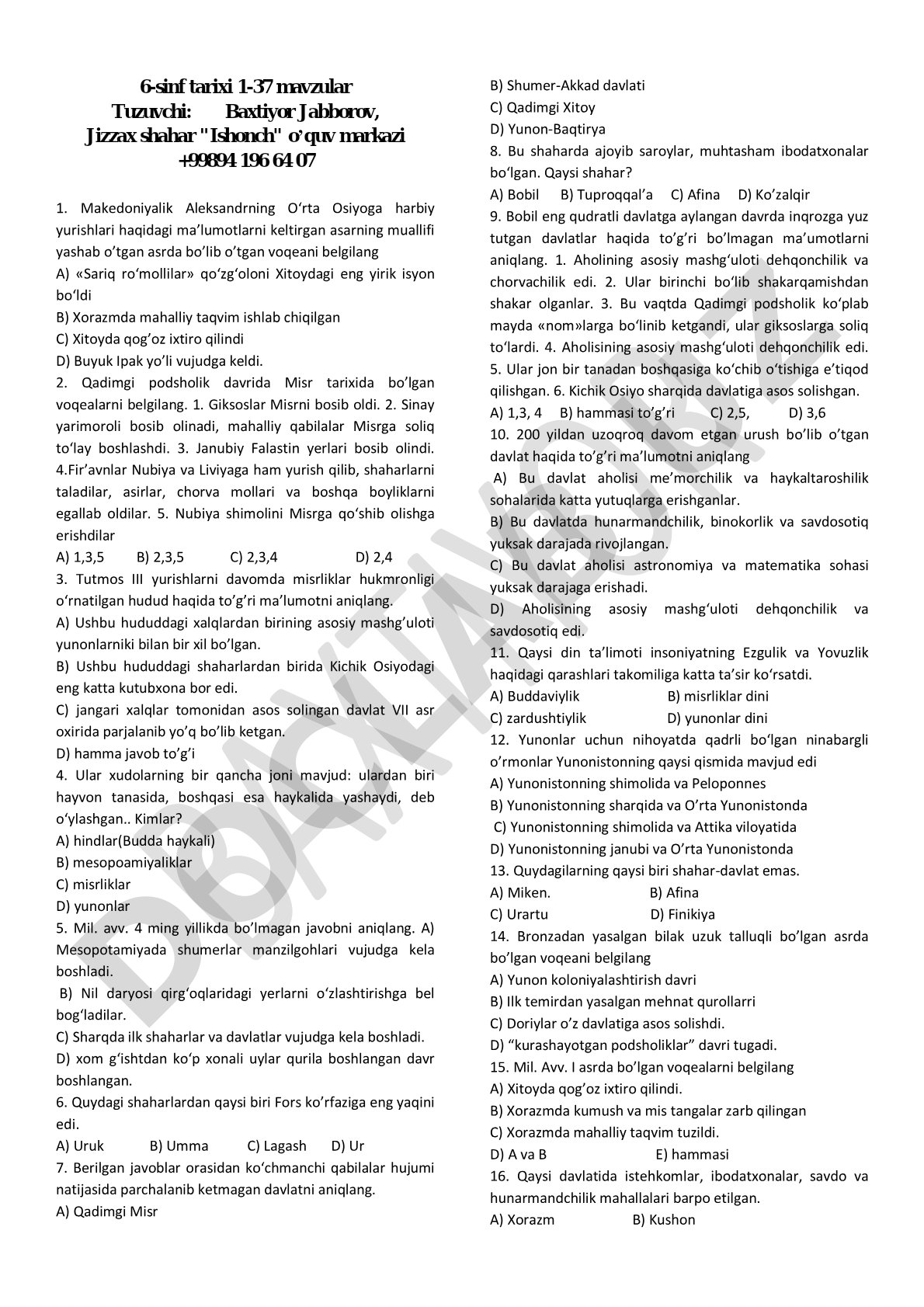 6-sinf tarixi 1-37 mavzular test savollari