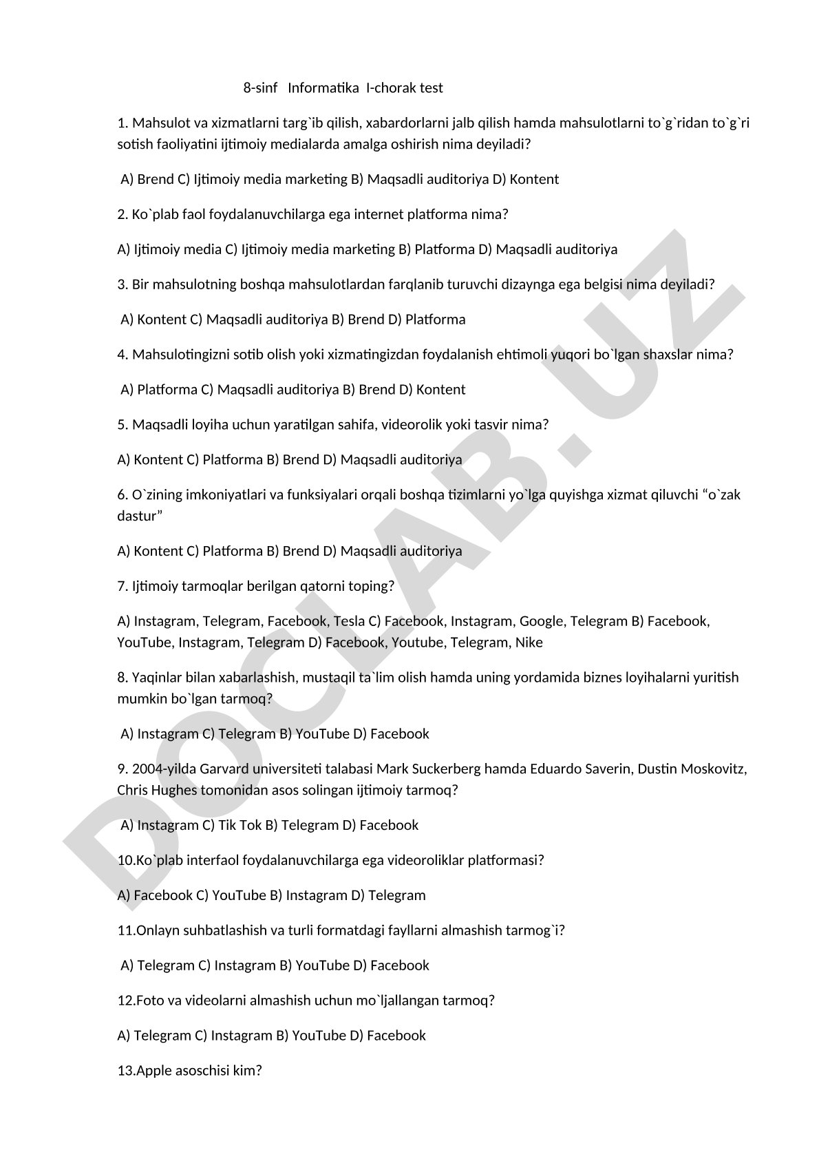 8-sinf Informatika I-chorak test