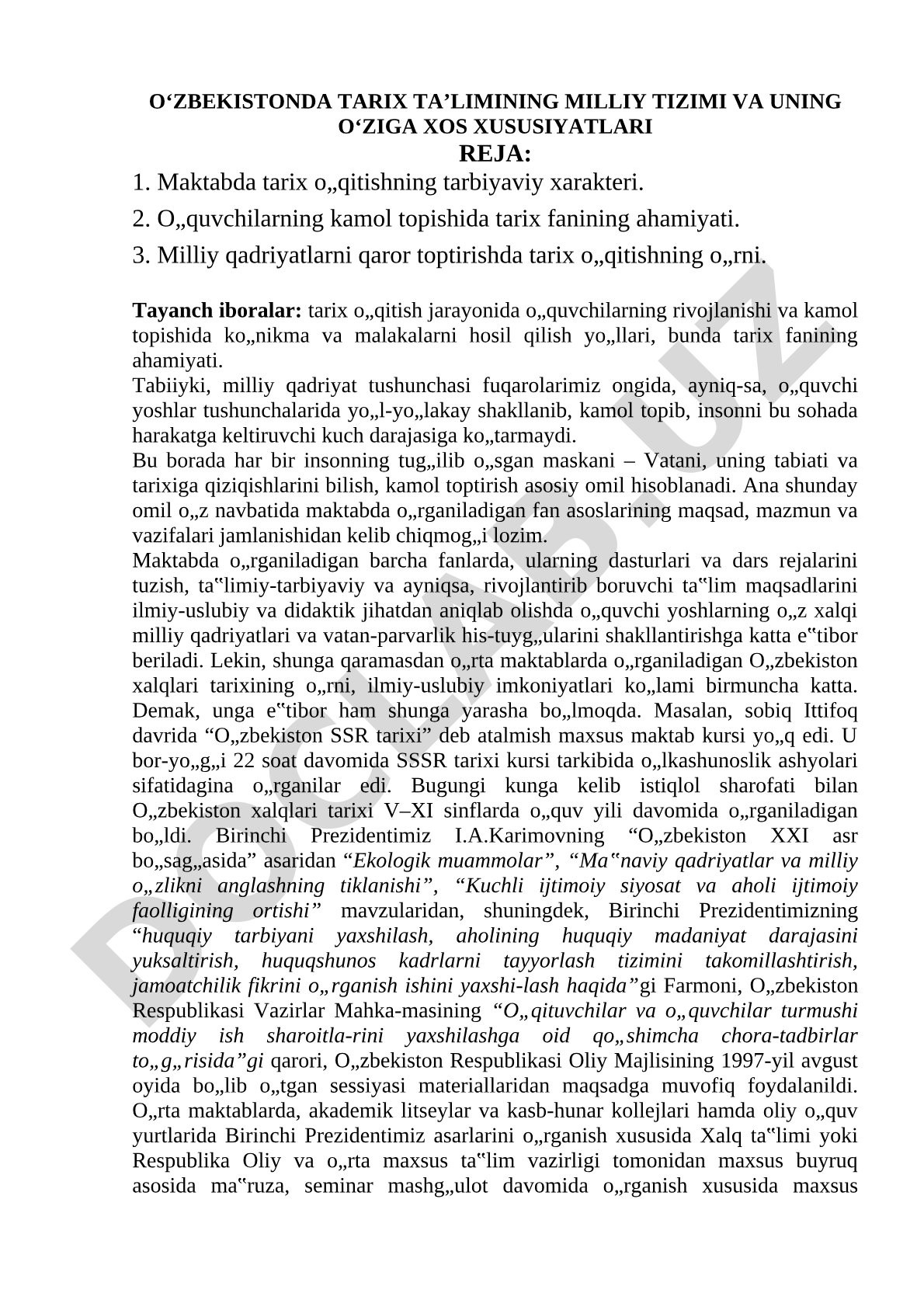 O'zbekistonda tarix ta'limining milliy tizimi va uning o'ziga xos xususiyatlari