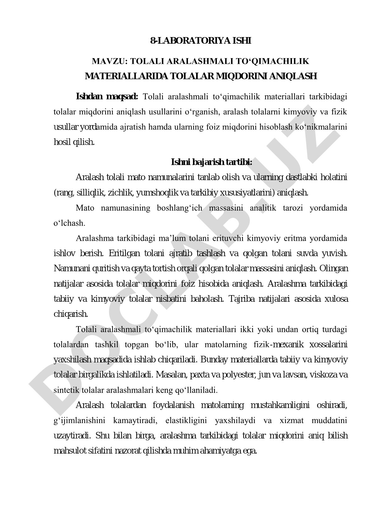 Tolali aralashmali to‘qimachilik materiallarida tolalar miqdorini aniqlash