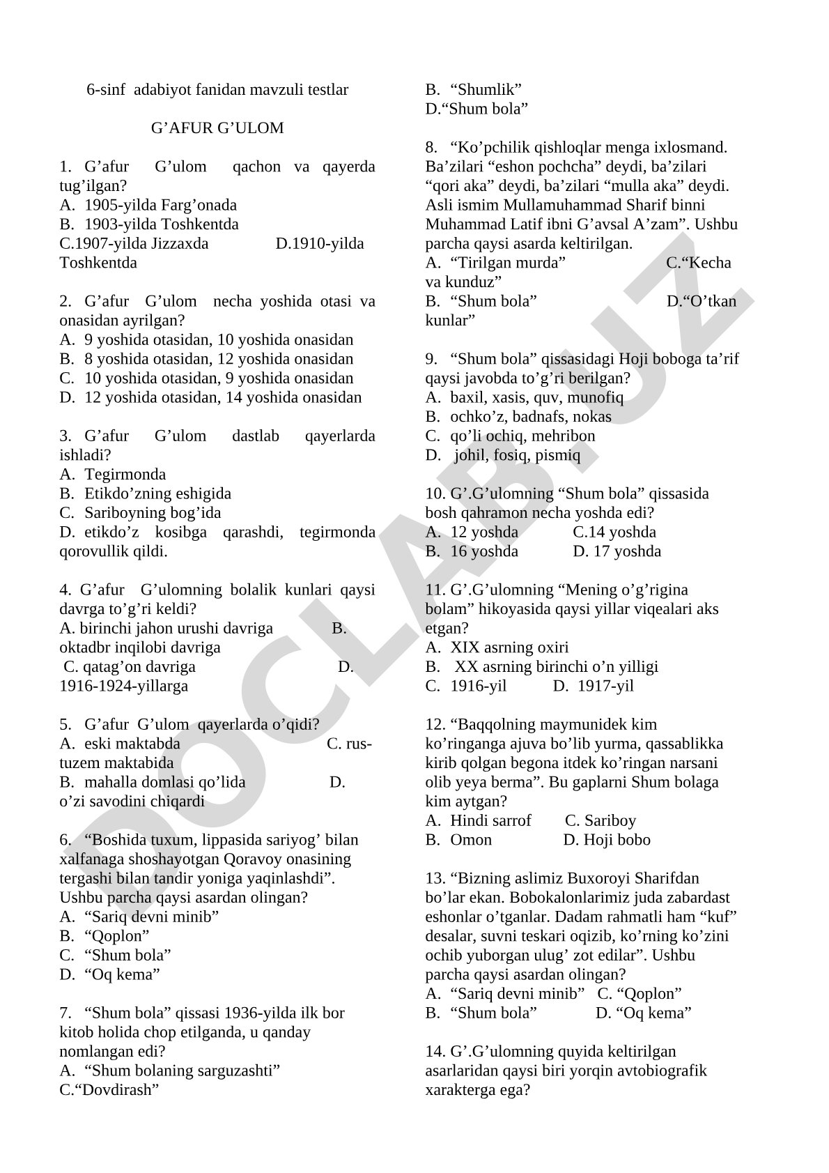 6-sinf adabiyot fanidan mavzuli testlar G’afur G’ulom