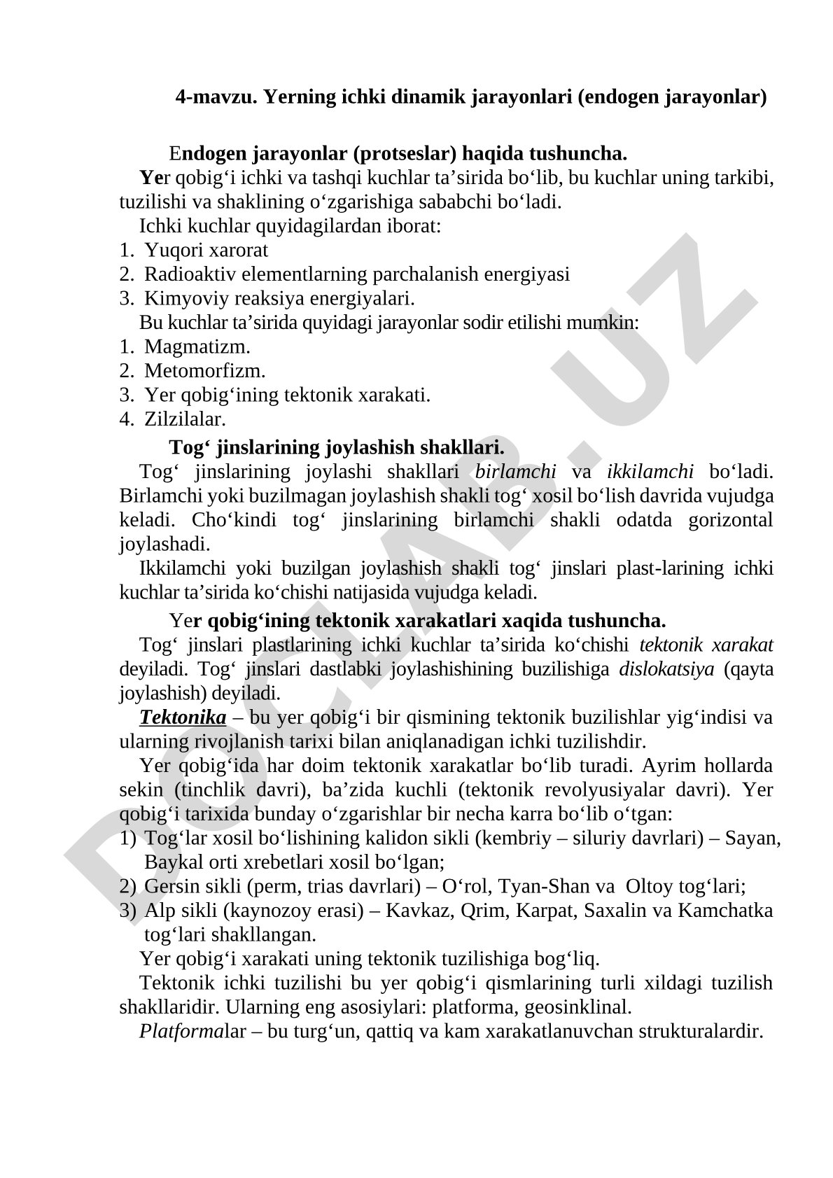 Yerning ichki dinamik jarayonlari (endogen jarayonlar)