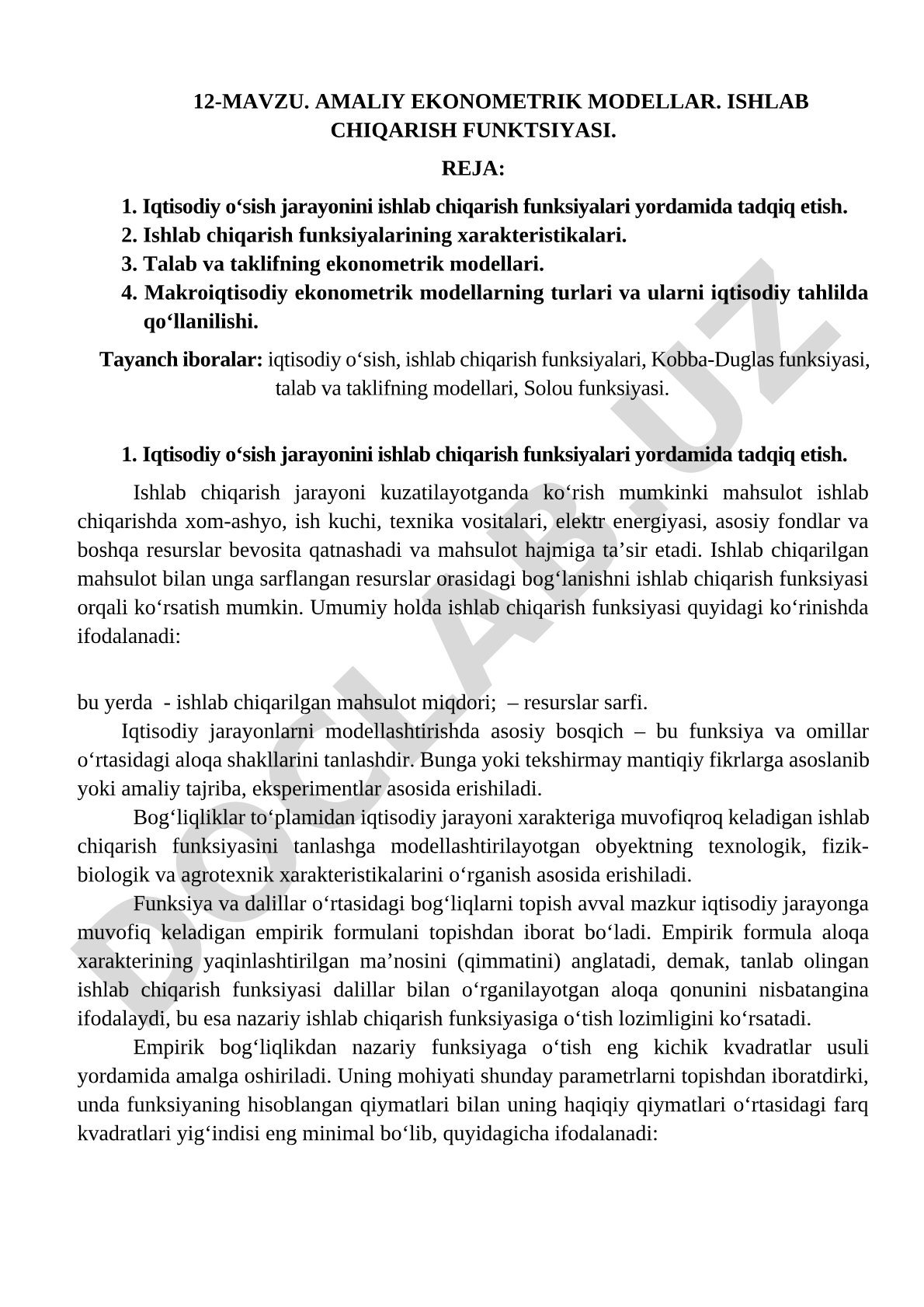 Amaliy ekonometrik modellar. Ishlab chiqarish funksiyasi