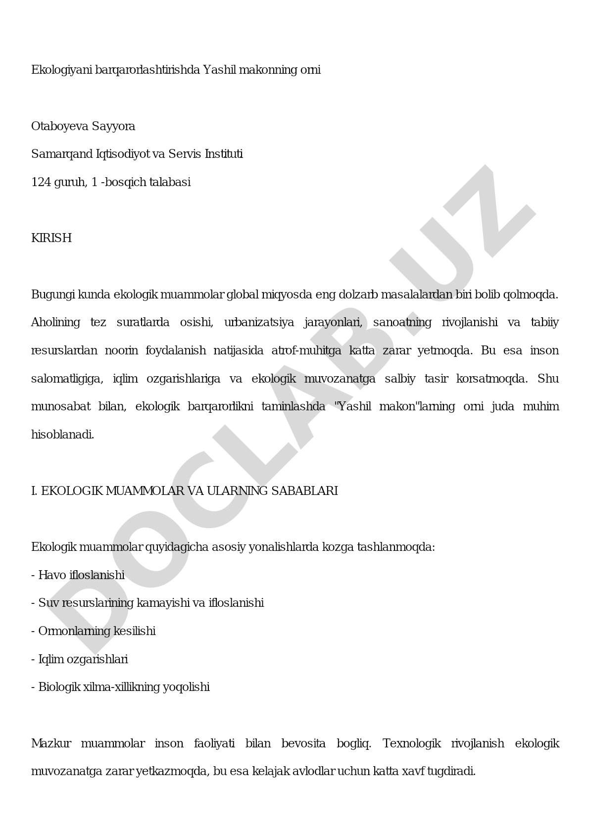 Ekologiyani barqarorlashtirishda Yashil makonning orni