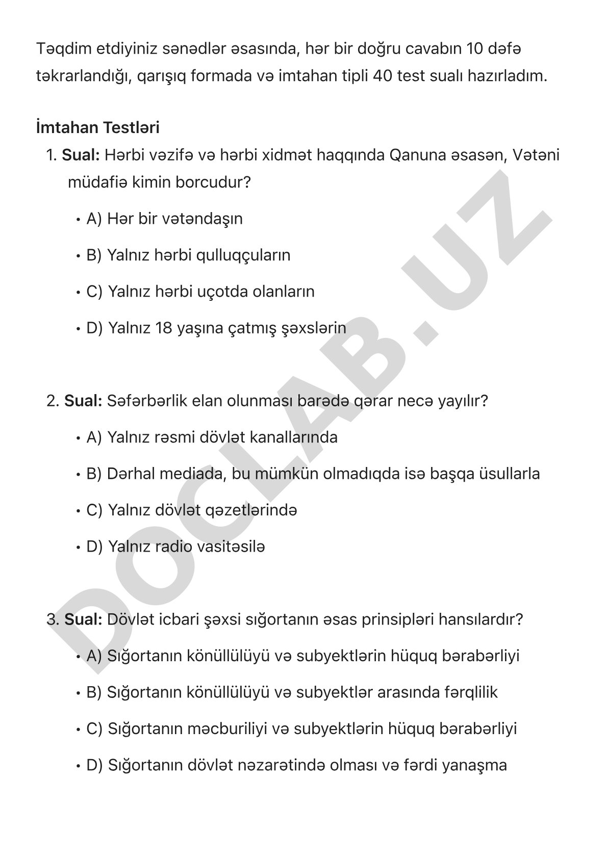 Hərbi vəzifə və hərbi xidmət haqqında test sualları