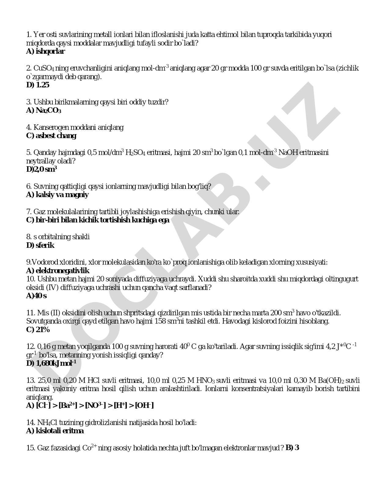 Kimyo fanidan eritmalar, tuzlar va gazlar xossalariga oid testlar