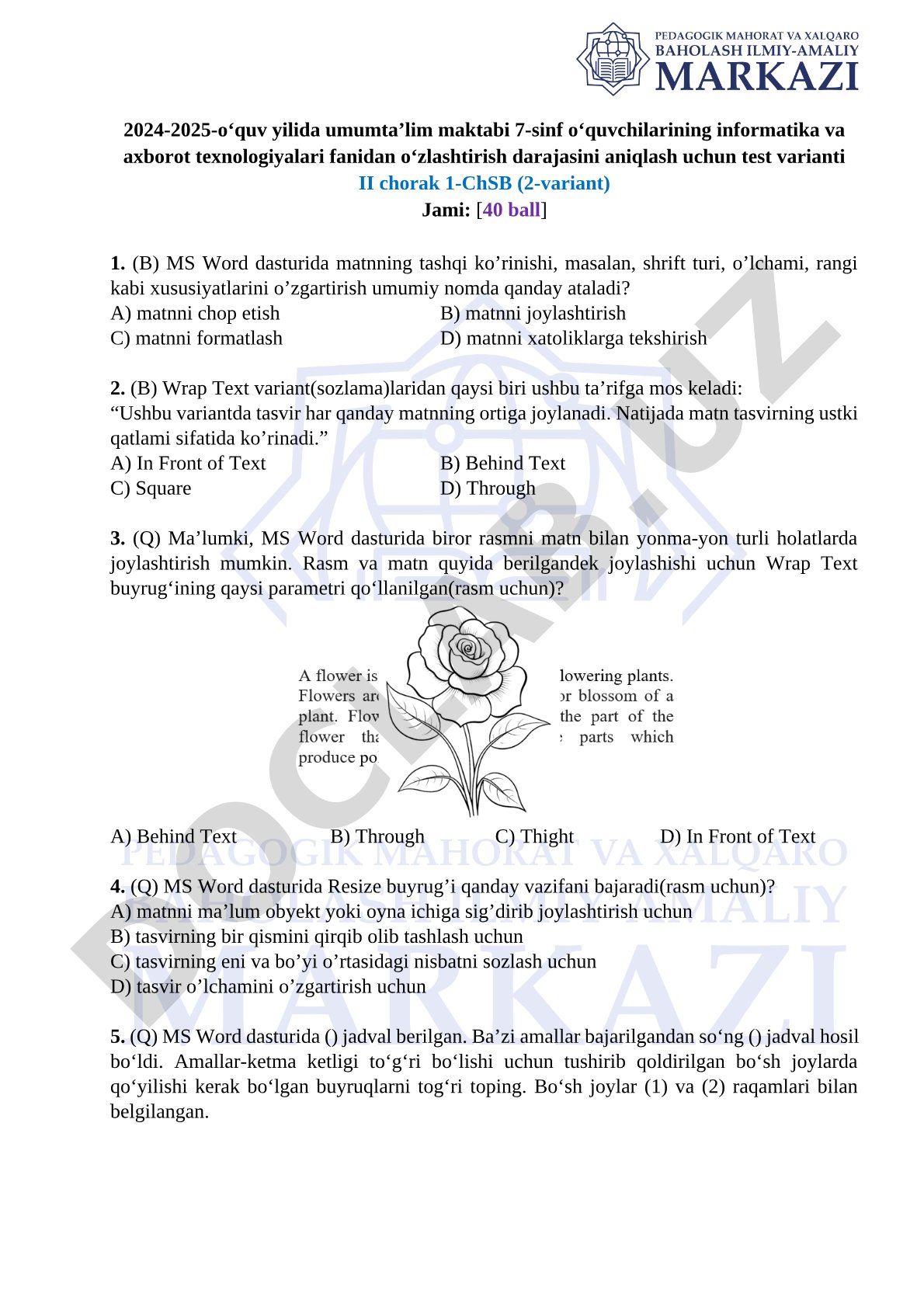 7-sinf informatika va axborot texnologiyalari fanidan II chorak 1-ChSB (2-variant)