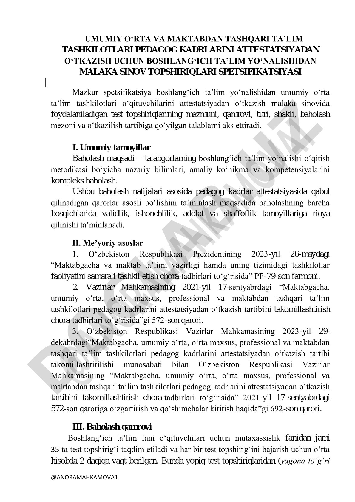 Boshlang'ich ta'lim yo'nalishidan malaka sinov topshiriqlari spetsifikatsiyasi