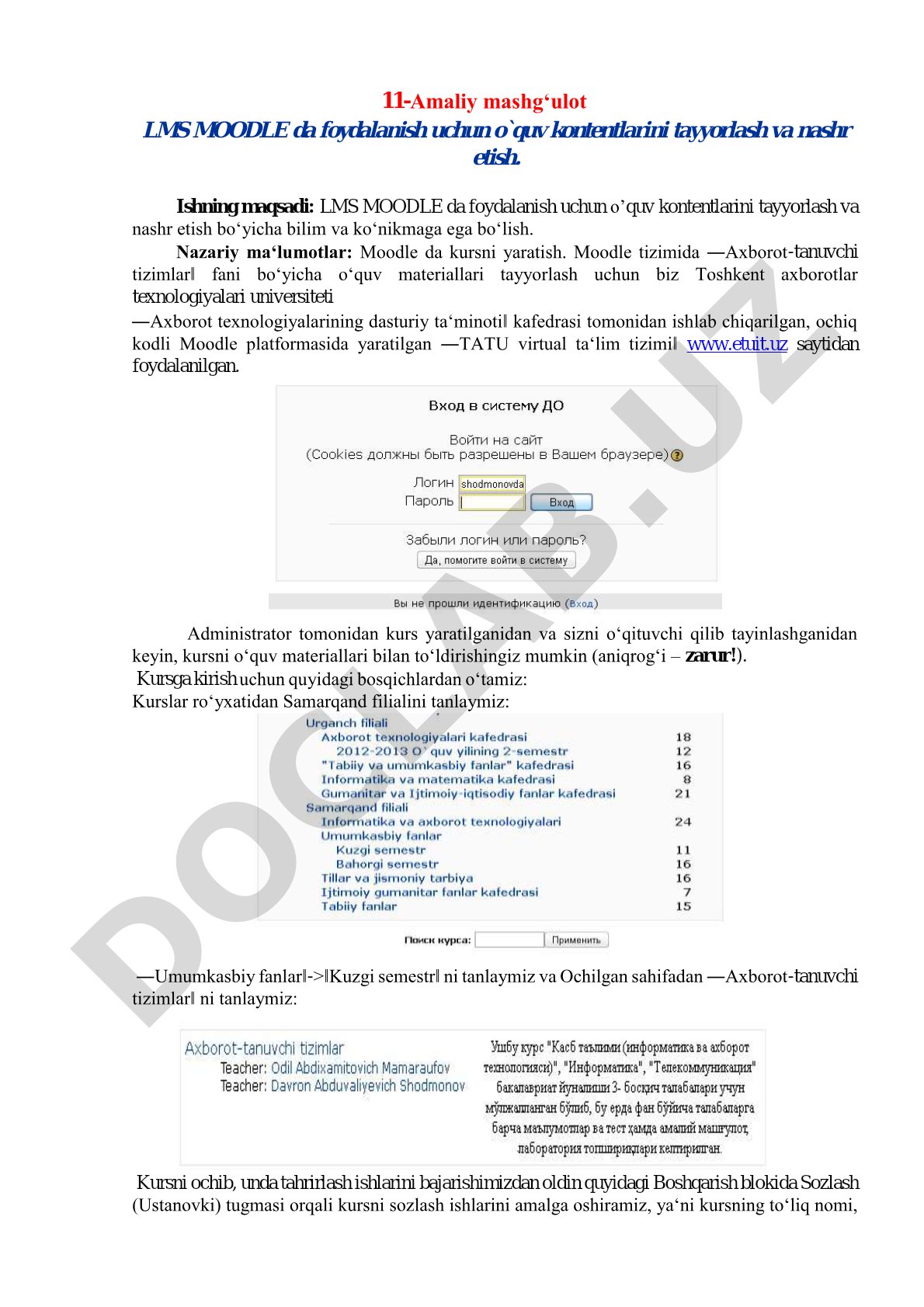 11-Amaliy mashg‘ulot LMS MOODLE da foydalanish uchun o`quv kontentlarini tayyorlash va nashr etish