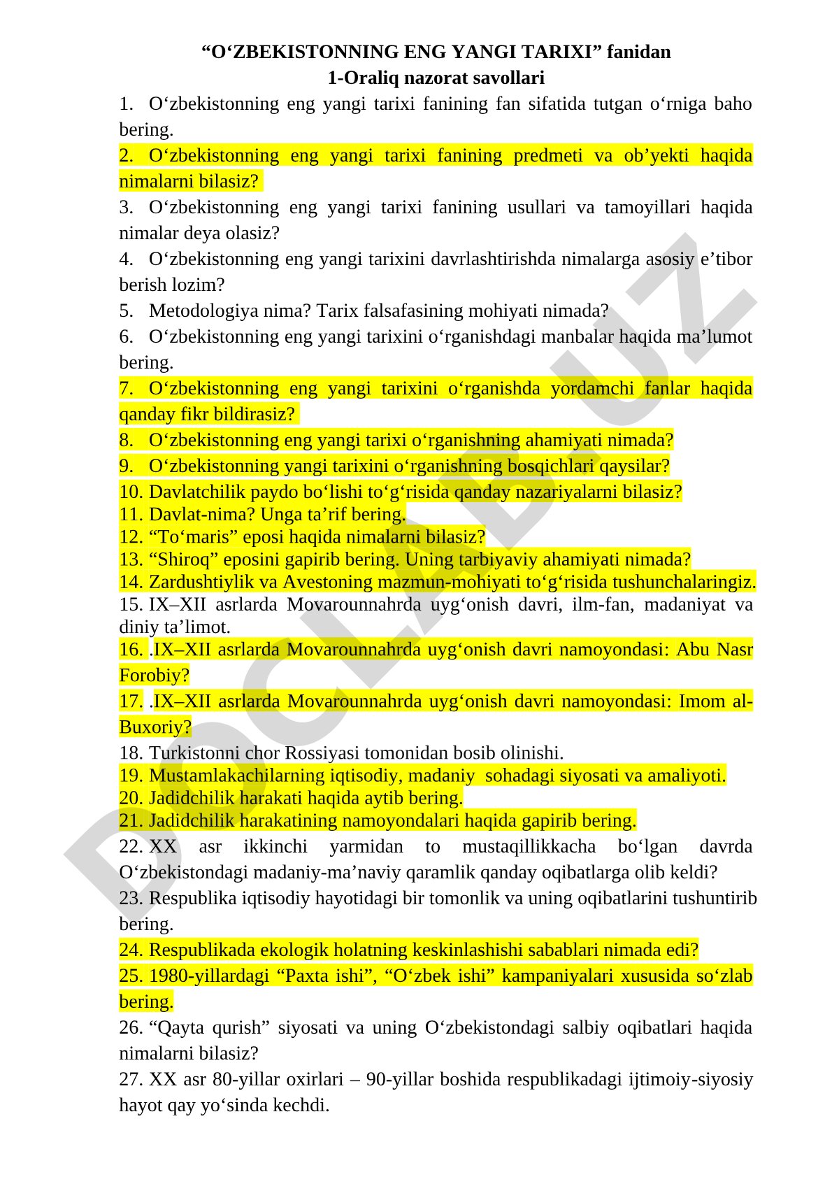 O'zbekistonning eng yangi tarixi fanidan 1-oraliq nazorat savollari