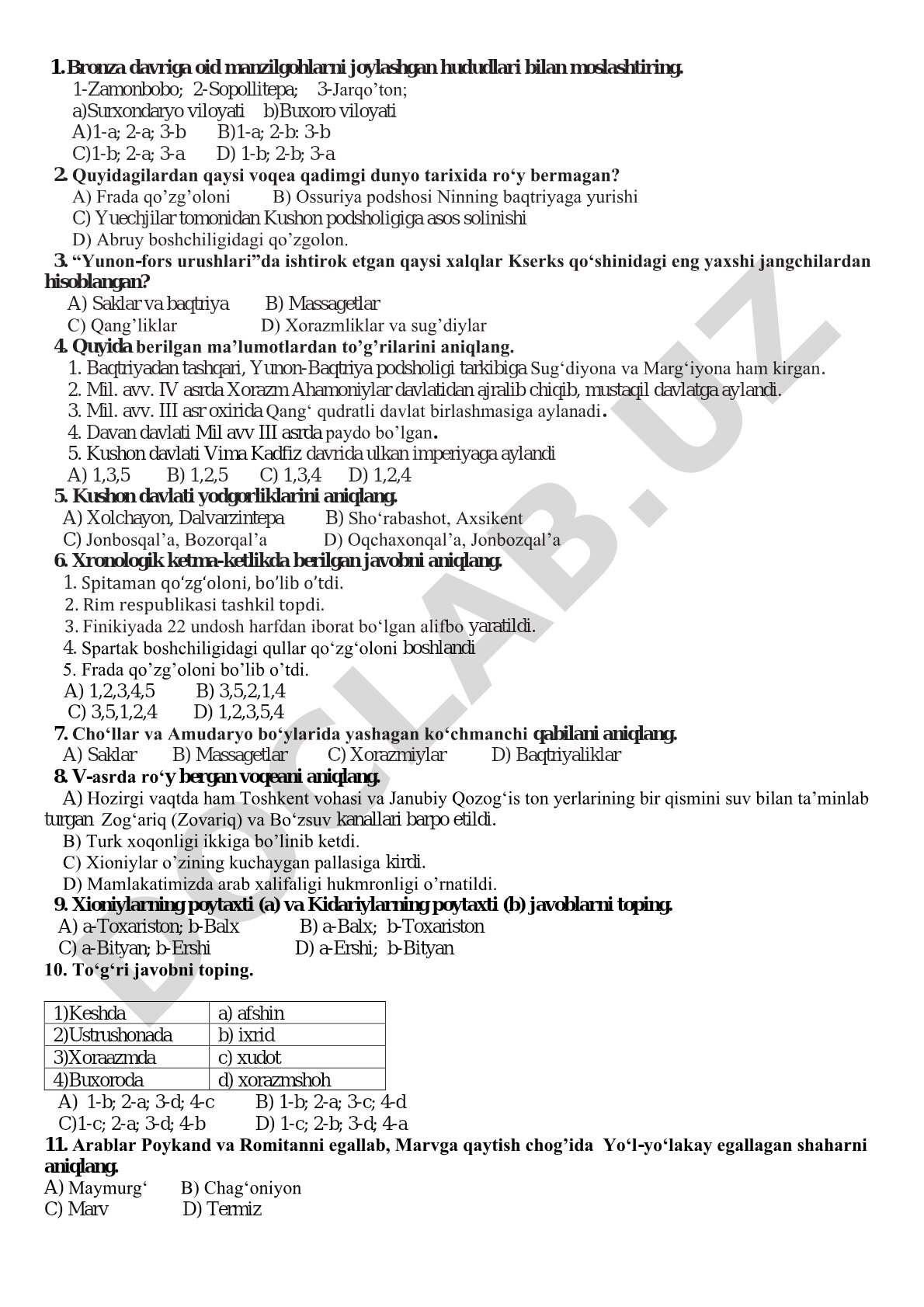 Qadimgi dunyo tarixidan test savollari