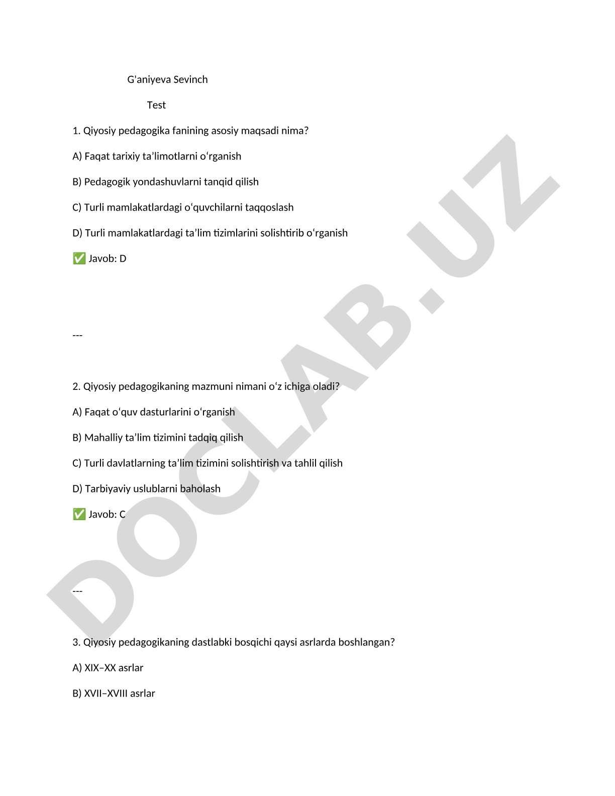 Qiyosiy pedagogika test savollari