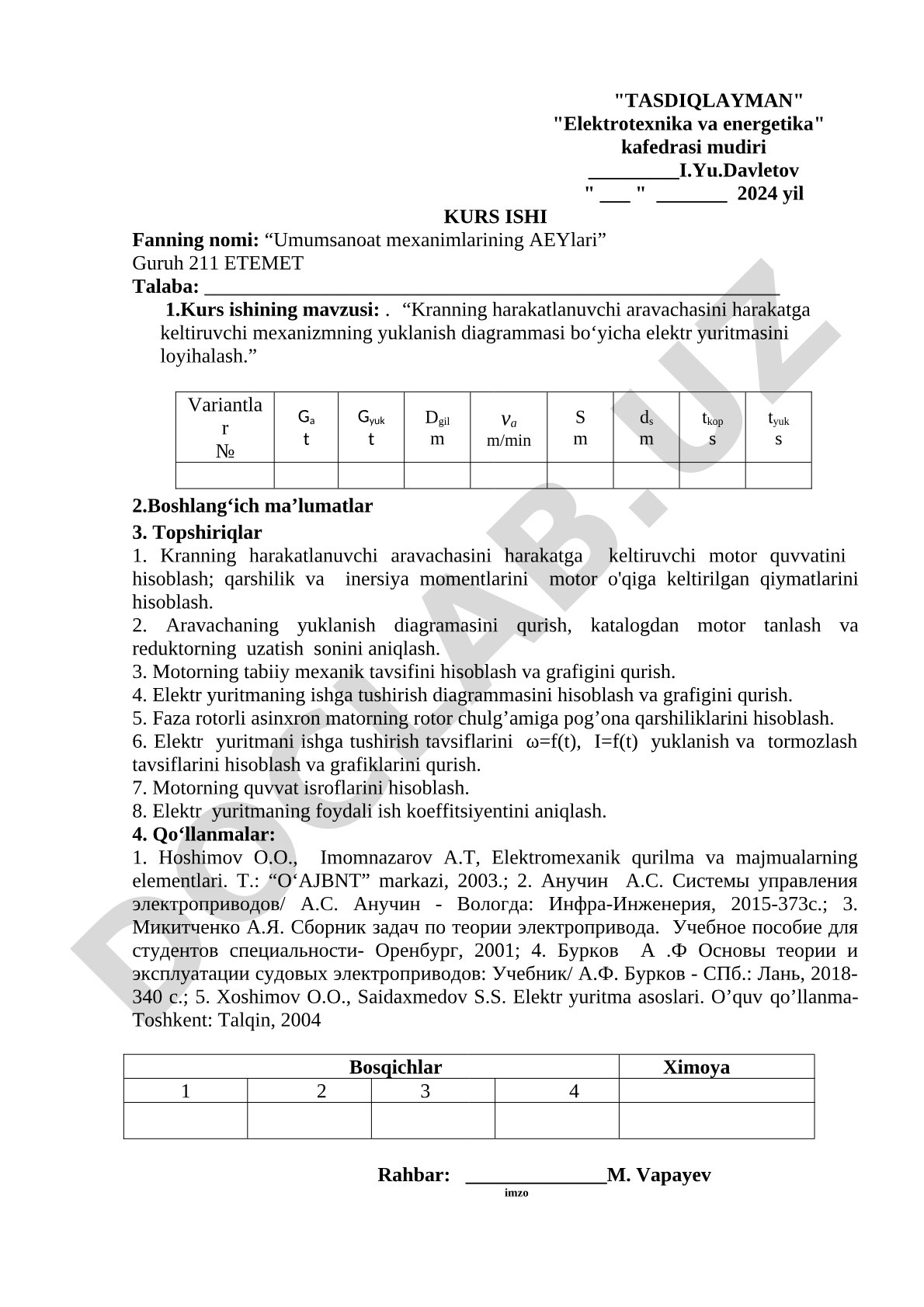 Kranning harakatlanuvchi aravachasini harakatga keltiruvchi mexanizmning yuklanish diagrammasi bo'yicha elektr yuritmasini loyihalash